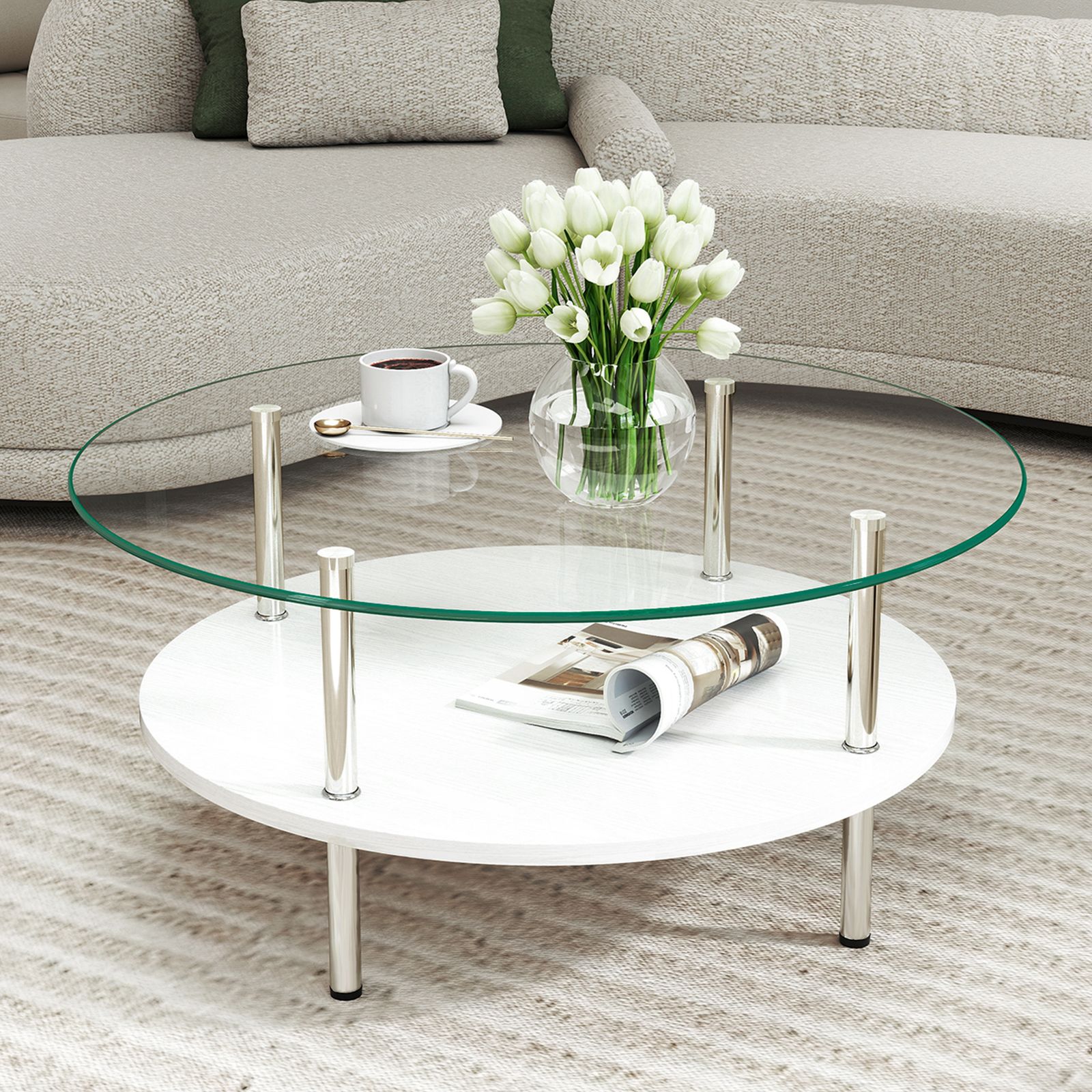 数量限定セール」 二段ラウンドコーヒーテーブル 強化ガラス天板+MDF