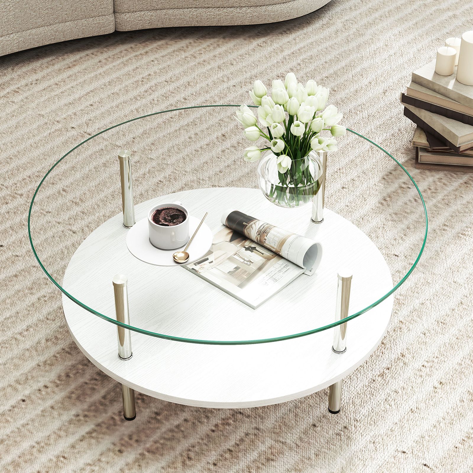 数量限定セール」 二段ラウンドコーヒーテーブル 強化ガラス天板+MDF 数量限定セール」 二段ラウンドコーヒーテーブル 強化ガラス天板+MDF