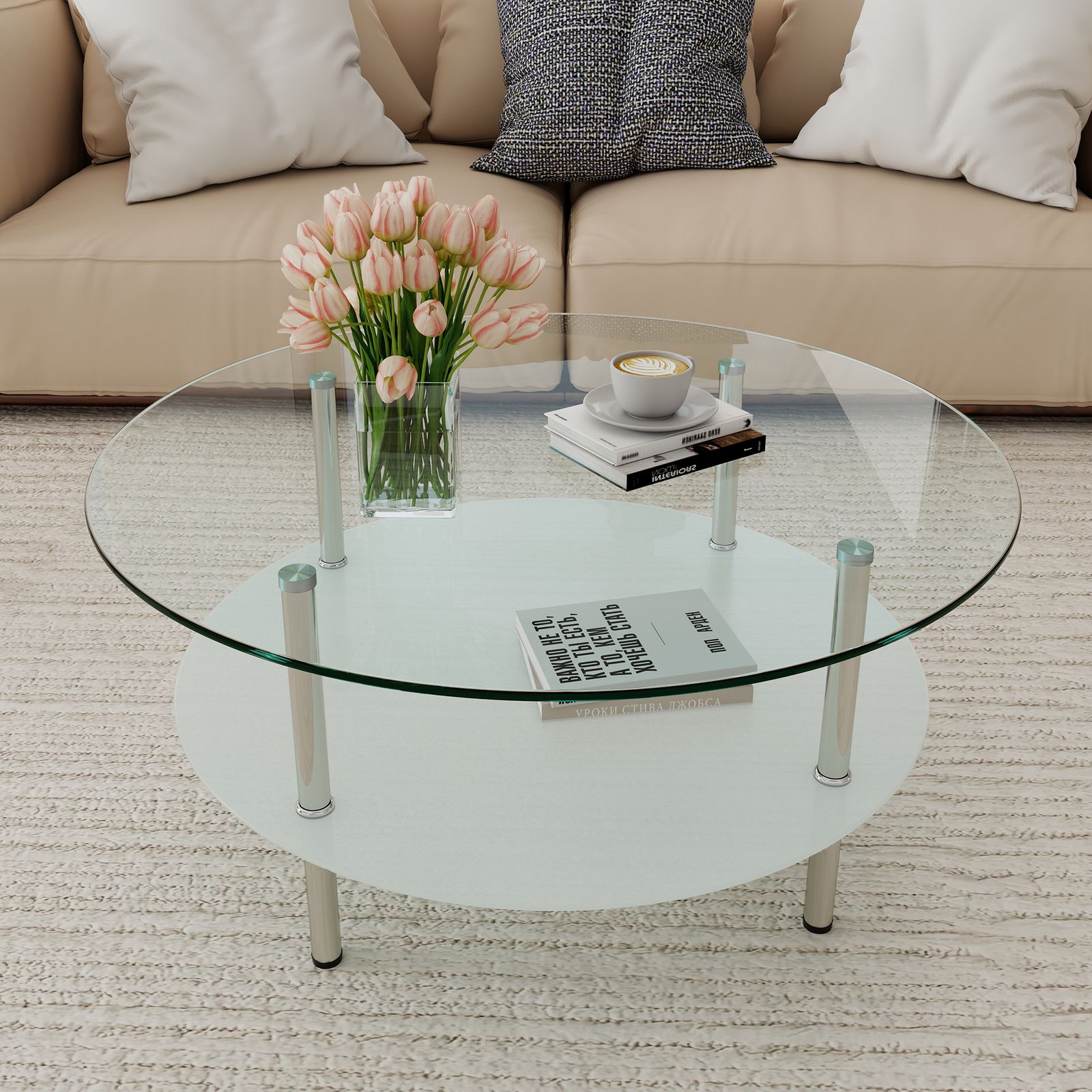 メルカリ最安値☆ ガラステーブル 数量限定セール」 二段ラウンドコーヒーテーブル 強化ガラス天板+