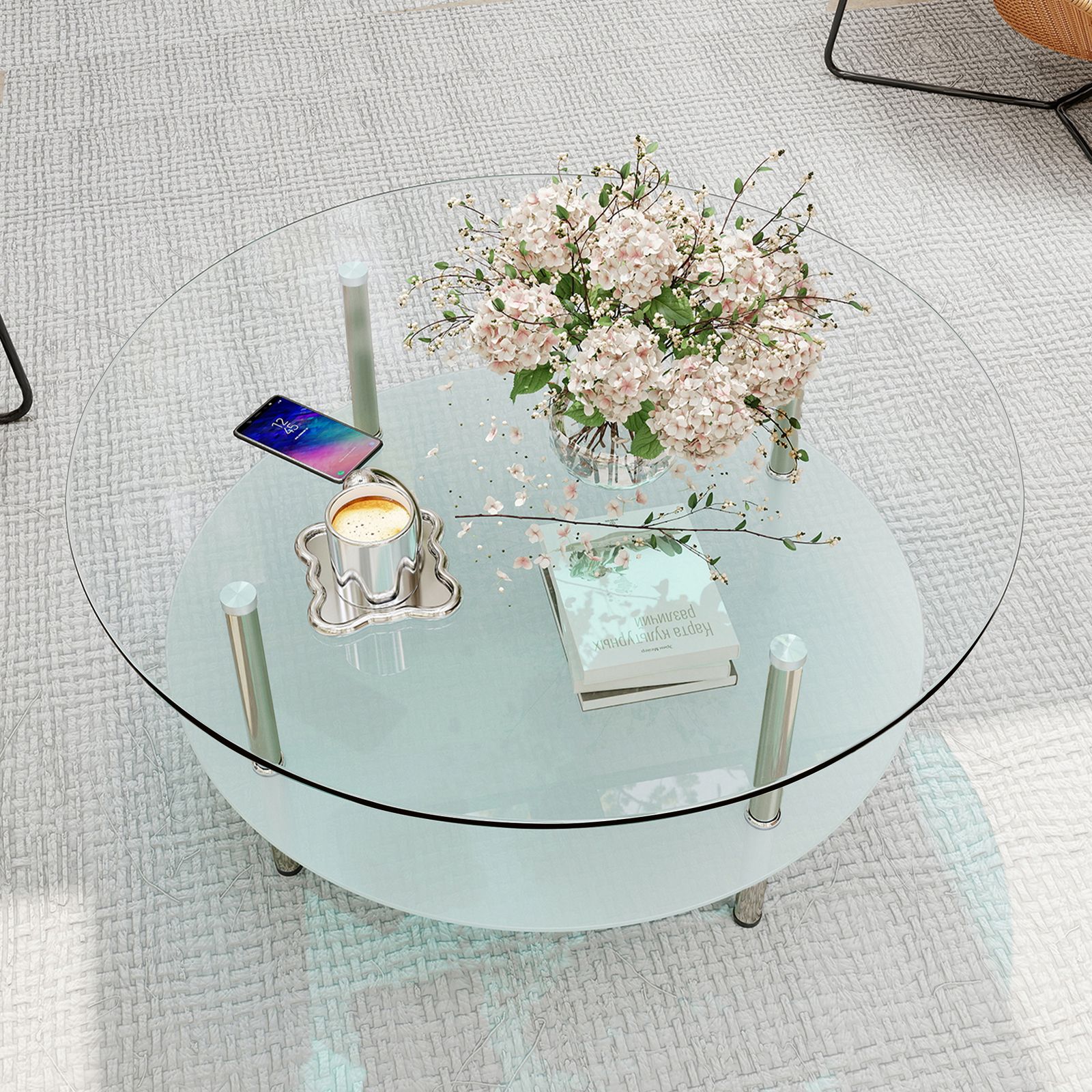 二段ロングコーヒーテーブル 強化ガラス天板+型くずれガラスリビング専用 クリア 数量限定セール」 二段ラウンドコーヒーテーブル 強化ガラス天板+