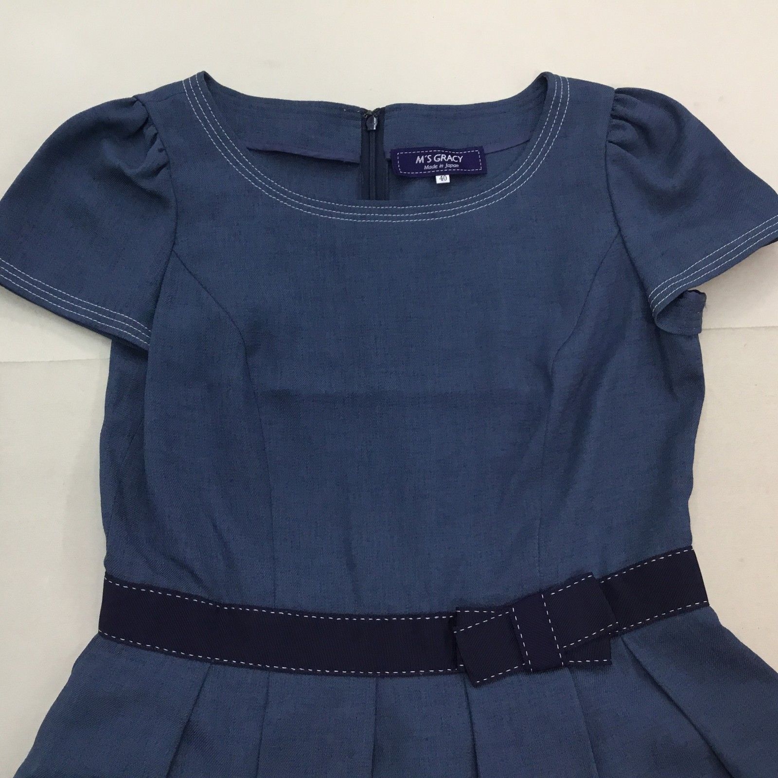 □日本製 M'S GRACY エムズグレイシー フレアワンピース 半袖 ブルー
