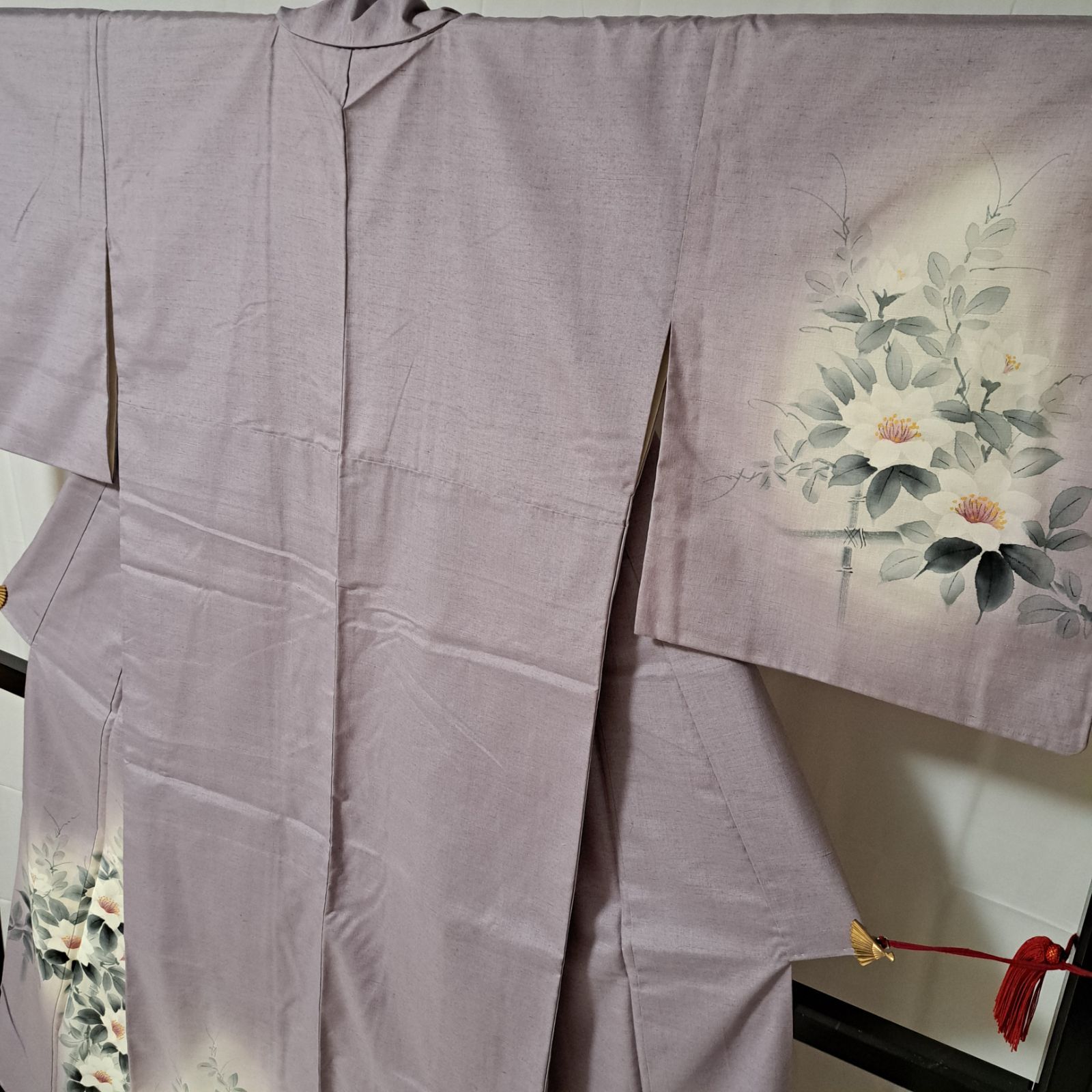 紬・付下げ】裄67 丈160 袖48 美品！ 紬 袷 作家物 紫系地に白い花 や