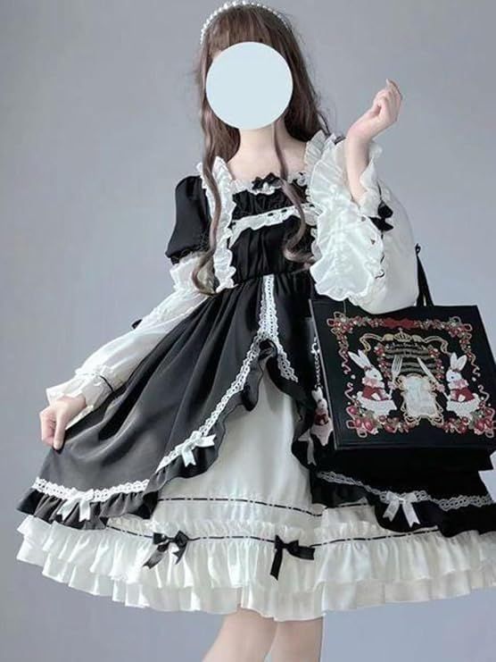 レディース 姫袖 ワンピース レースアップ ロリータ アームカバー 取り外し かわいい フリル リボン 地雷系 量産系 量産
