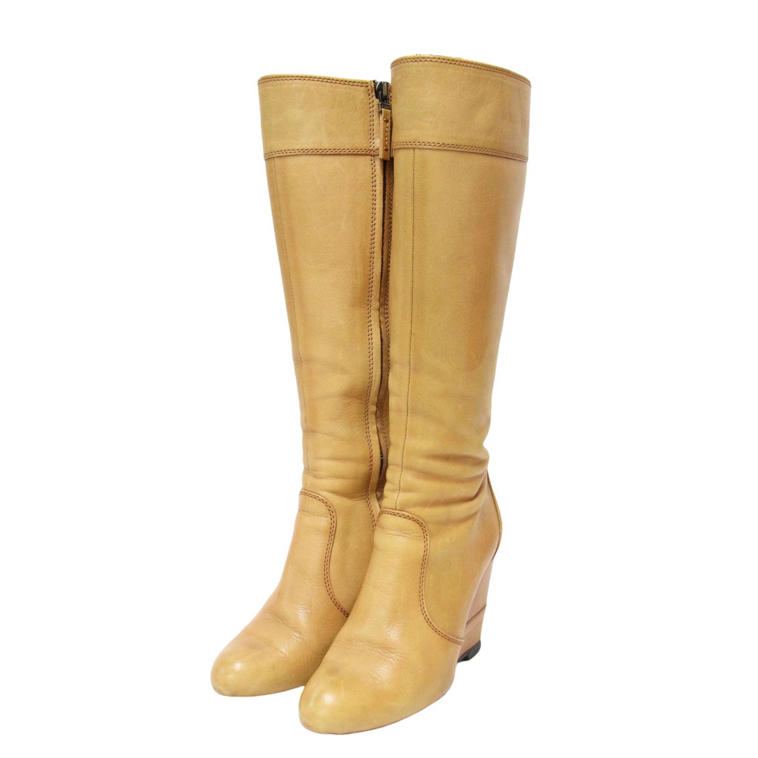 FENDI フェンディ ブーツ サイズ 35 1 2 22.5 cm レザー ウエッジソール ロングブーツ アーモンドトゥ ステッチ サイドファスナー ロゴ ブラウン系 サンド イタリア製 ブランド シューズ 靴 レディース