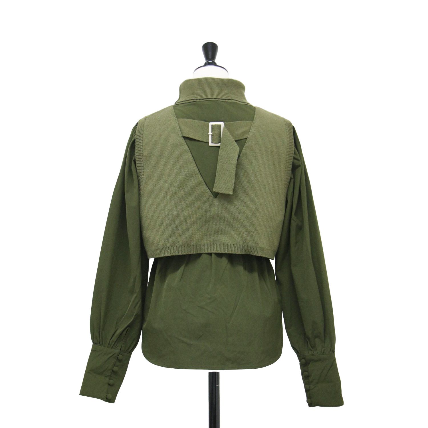 AMERI アメリ シャツ カーキ サイズ:FREE | ニット ドッキング シャツ | プルオーバー タートルネック 長袖 バックベルト ウエストゴム ウール コットン | トップス ブラウス【レディース】【中古】【K4652】 AMERI アメリ シャツ カーキ サイズ:FREE | ニット ドッキング シャツ