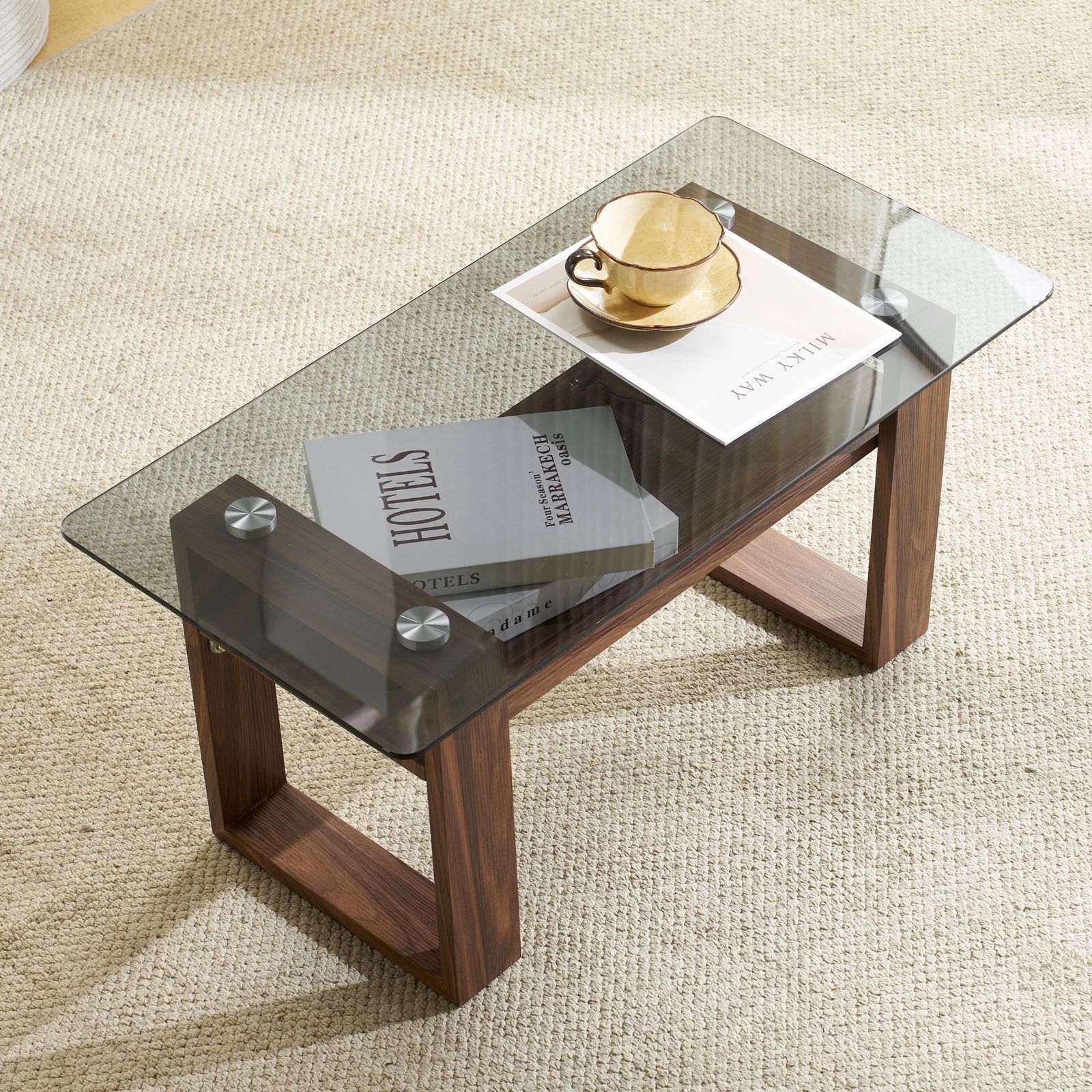 ガラステーブル幅80x奥40x高さ38.5cm 収納棚付き 口字型のテーブル脚 ガラステーブル ローテーブル コーヒーテーブル 幅80x奥40x高さ38.5cm