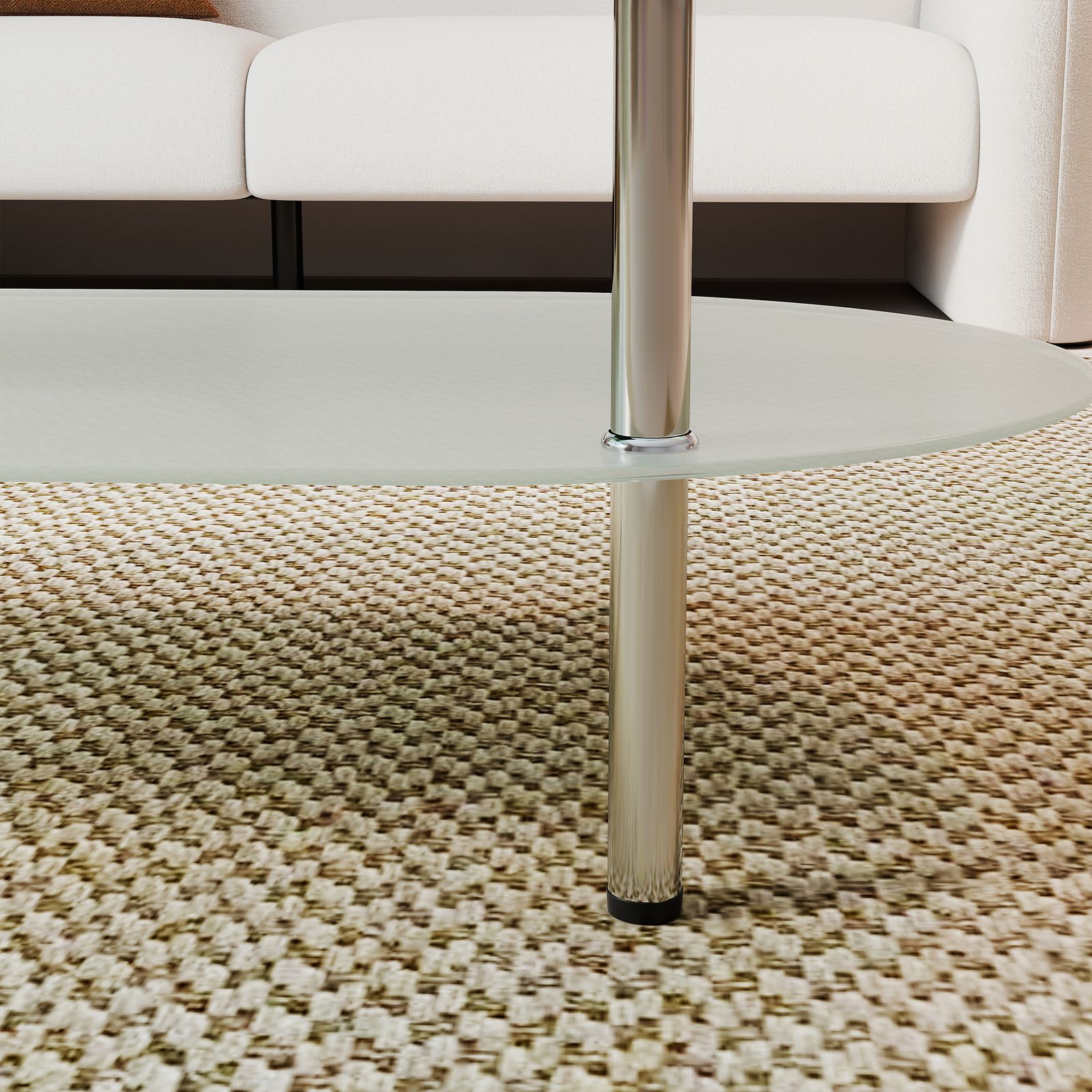 二段オーバルコーヒーテーブル 強化ガラス天板+型くずれガラス収納棚