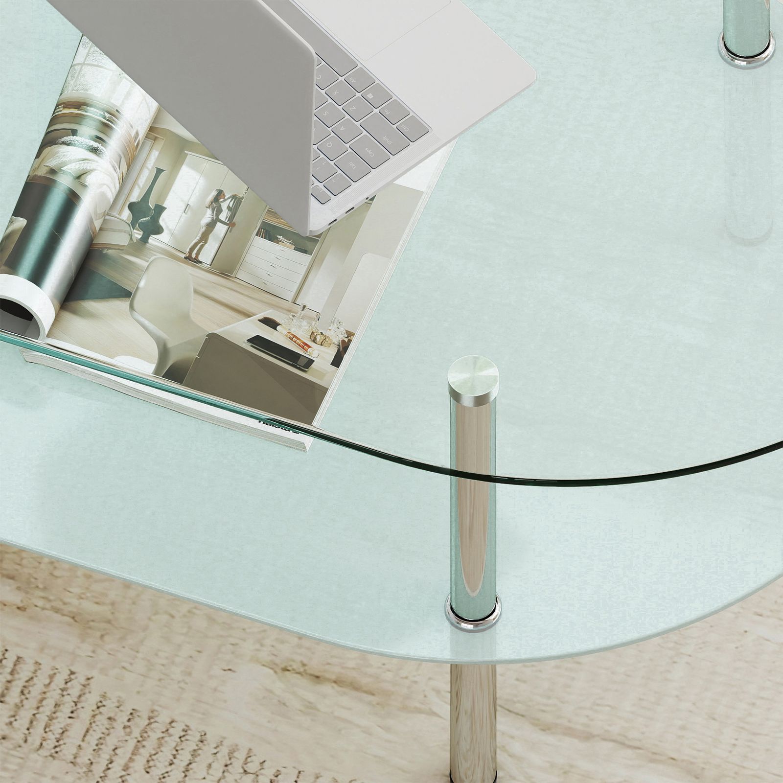 二段オーバルコーヒーテーブル 強化ガラス天板+型くずれガラス収納棚