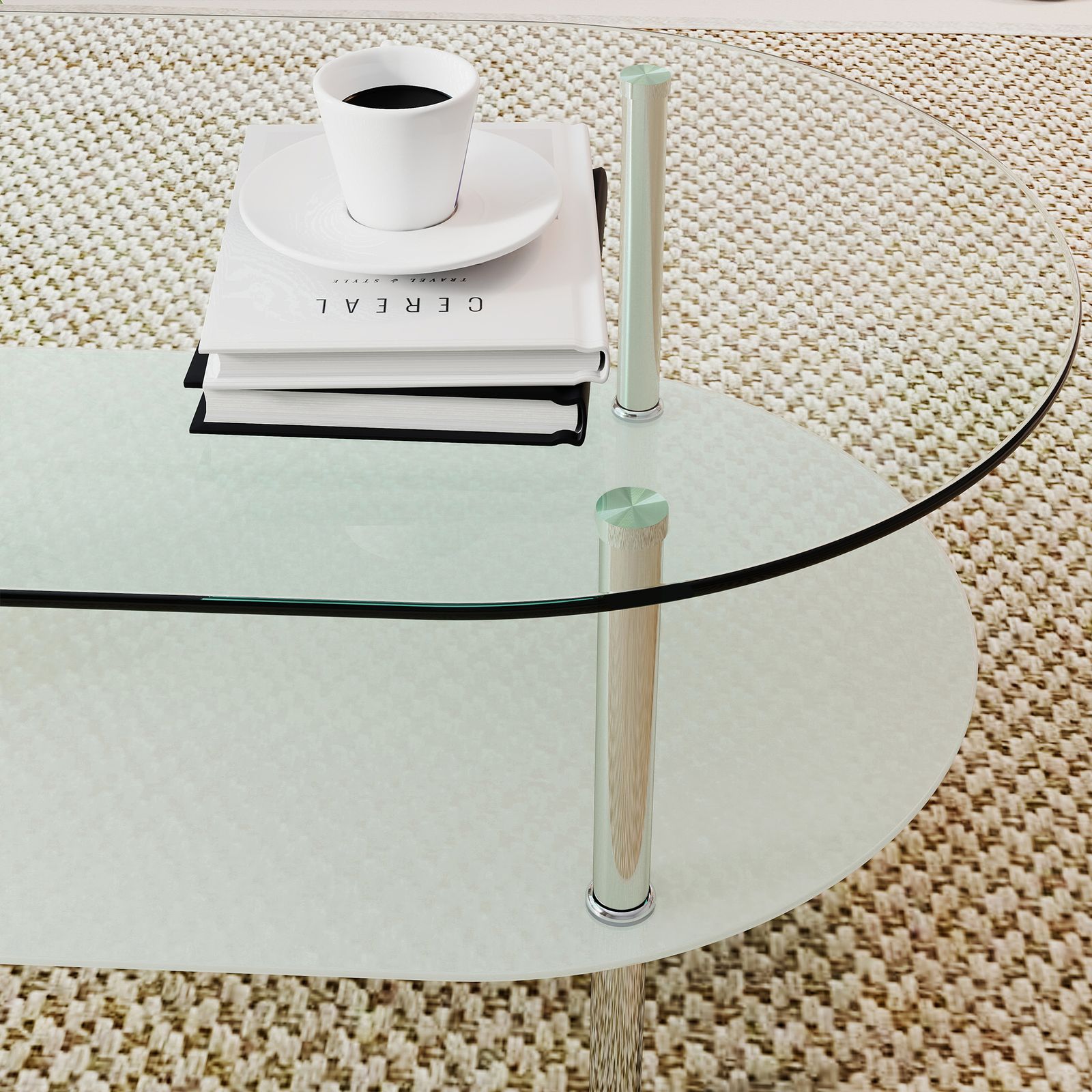 二段オーバルコーヒーテーブル 強化ガラス天板+型くずれガラス収納棚