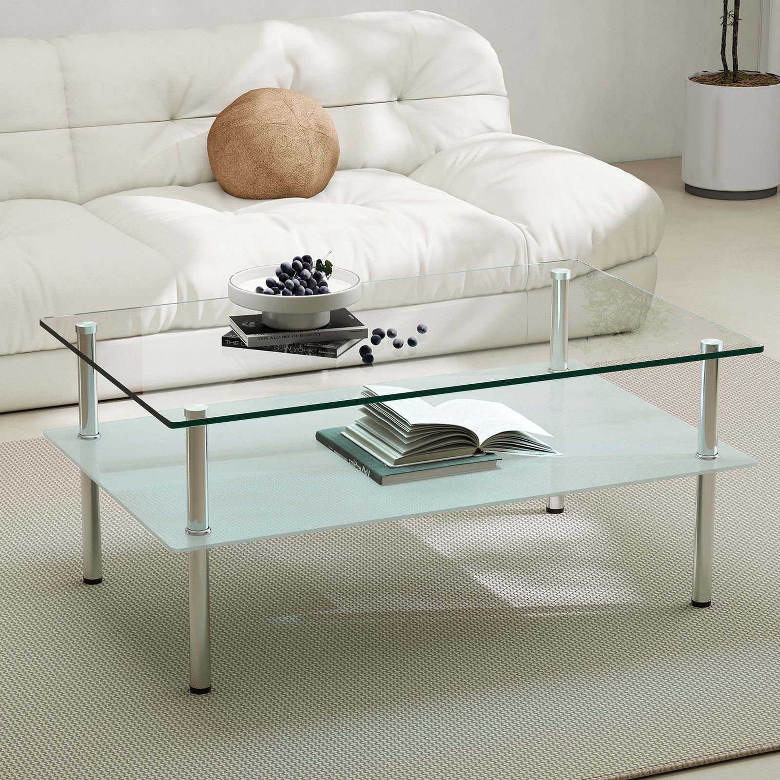 メルカリ最安値☆ ガラステーブル 数量限定セール」 二段ロングコーヒーテーブル 強化ガラス天板+