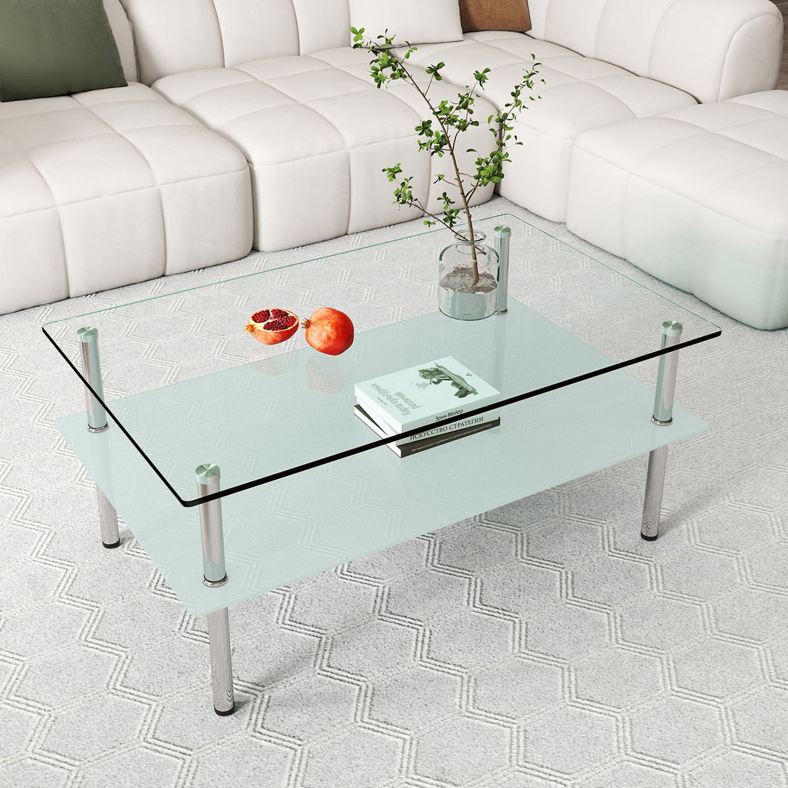 数量限定セール」 二段ロングコーヒーテーブル 強化ガラス天板+