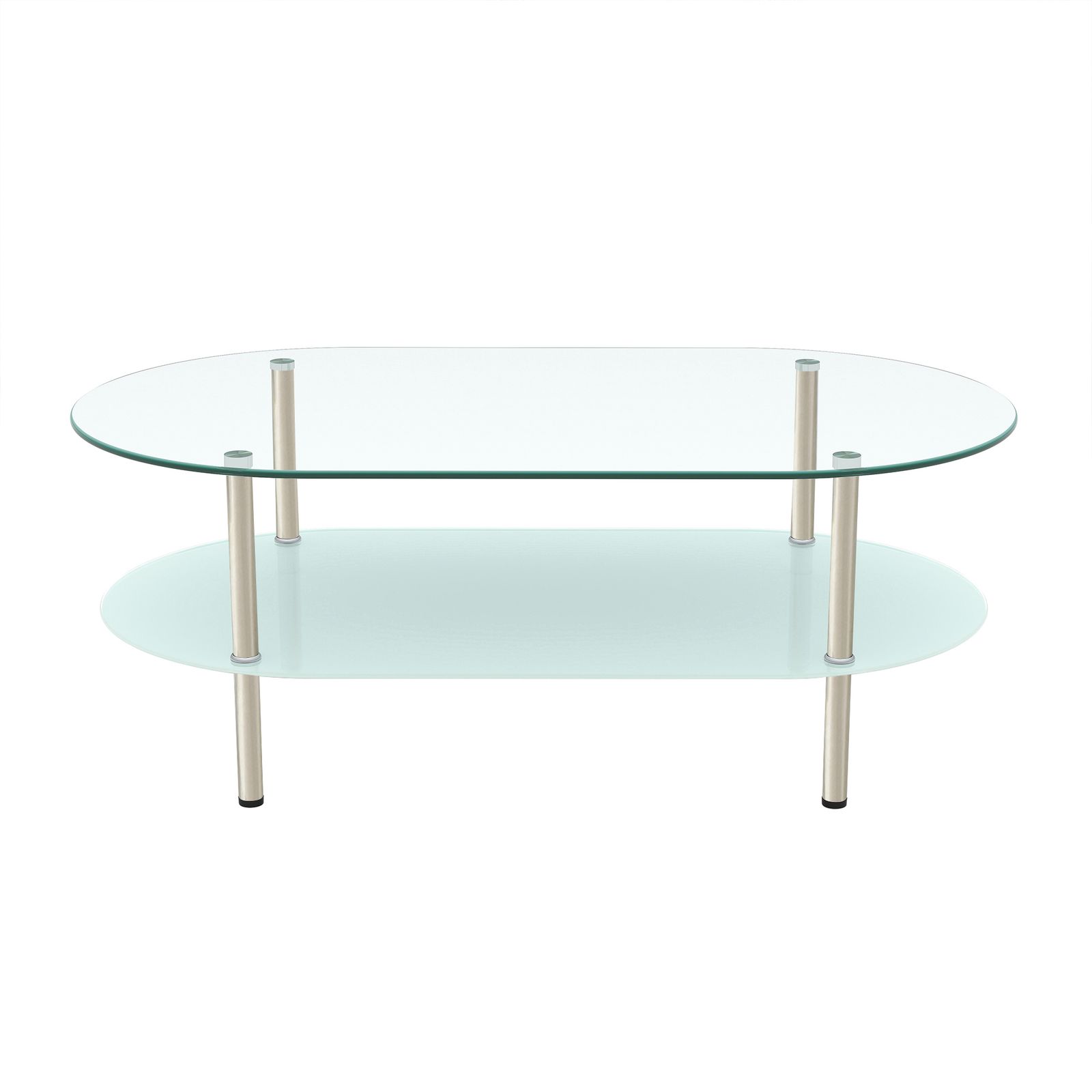 二段オーバルコーヒーテーブル 強化ガラス天板+型くずれガラス収納棚