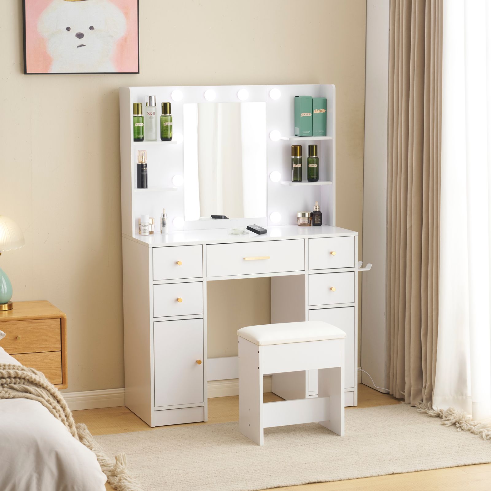 ドレッサー 化粧台 テーブル 鏡台 ライト付き LED ドライヤーホルダー コンセント付き 女優ミラー 引き出し 収納 椅子 セット サイド収納 メイク台 シンプル 大容量