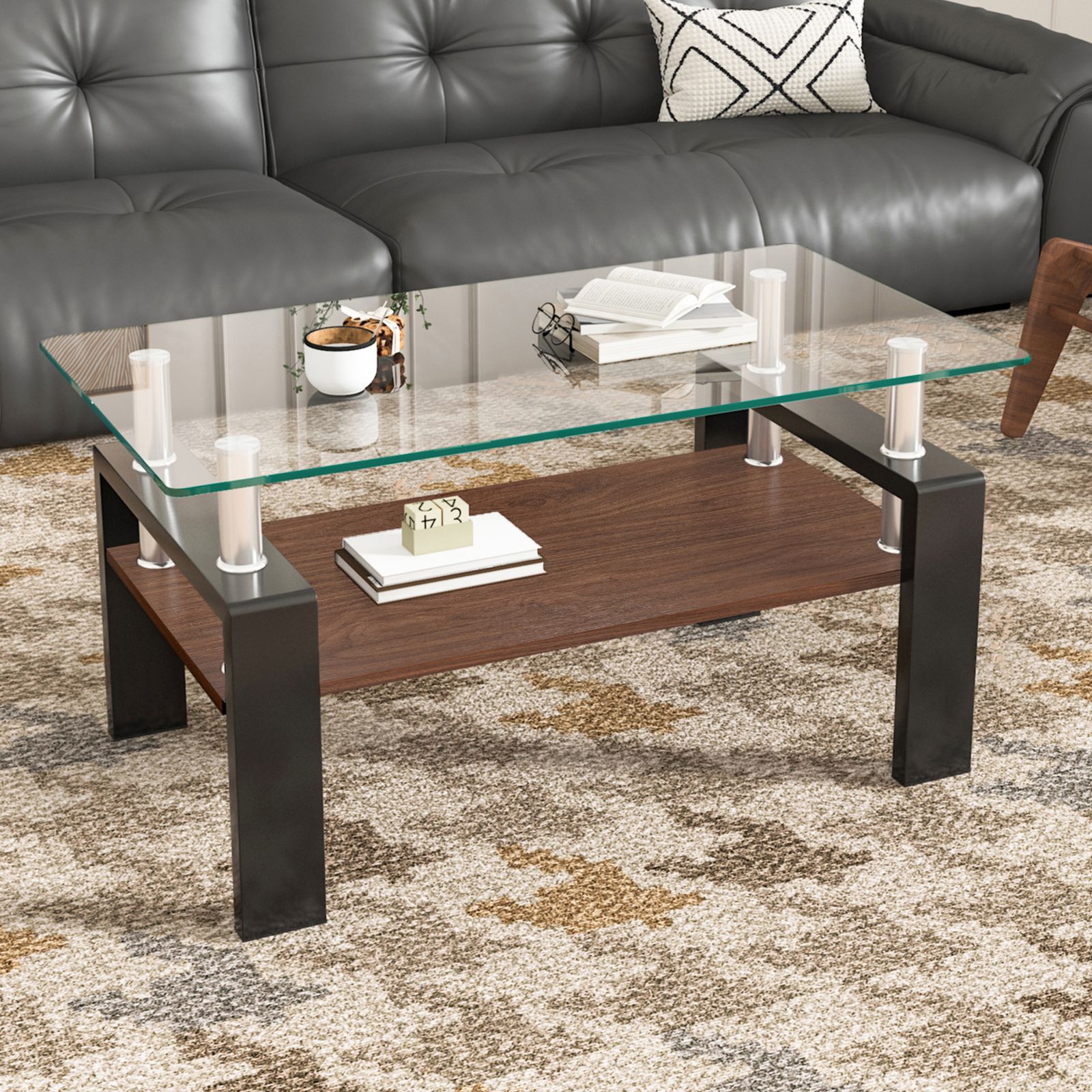 ゴールド モダン長方形コーヒーテーブル 強化ガラス天板+MDF収納棚 リビング用 モダン長方形コーヒーテーブル 強化ガラス天板+MDF収納棚 リビング用