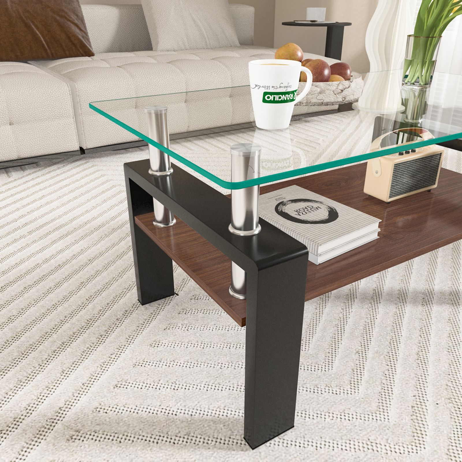 モダン長方形コーヒーテーブル 強化ガラス天板+MDF収納棚 リビング用