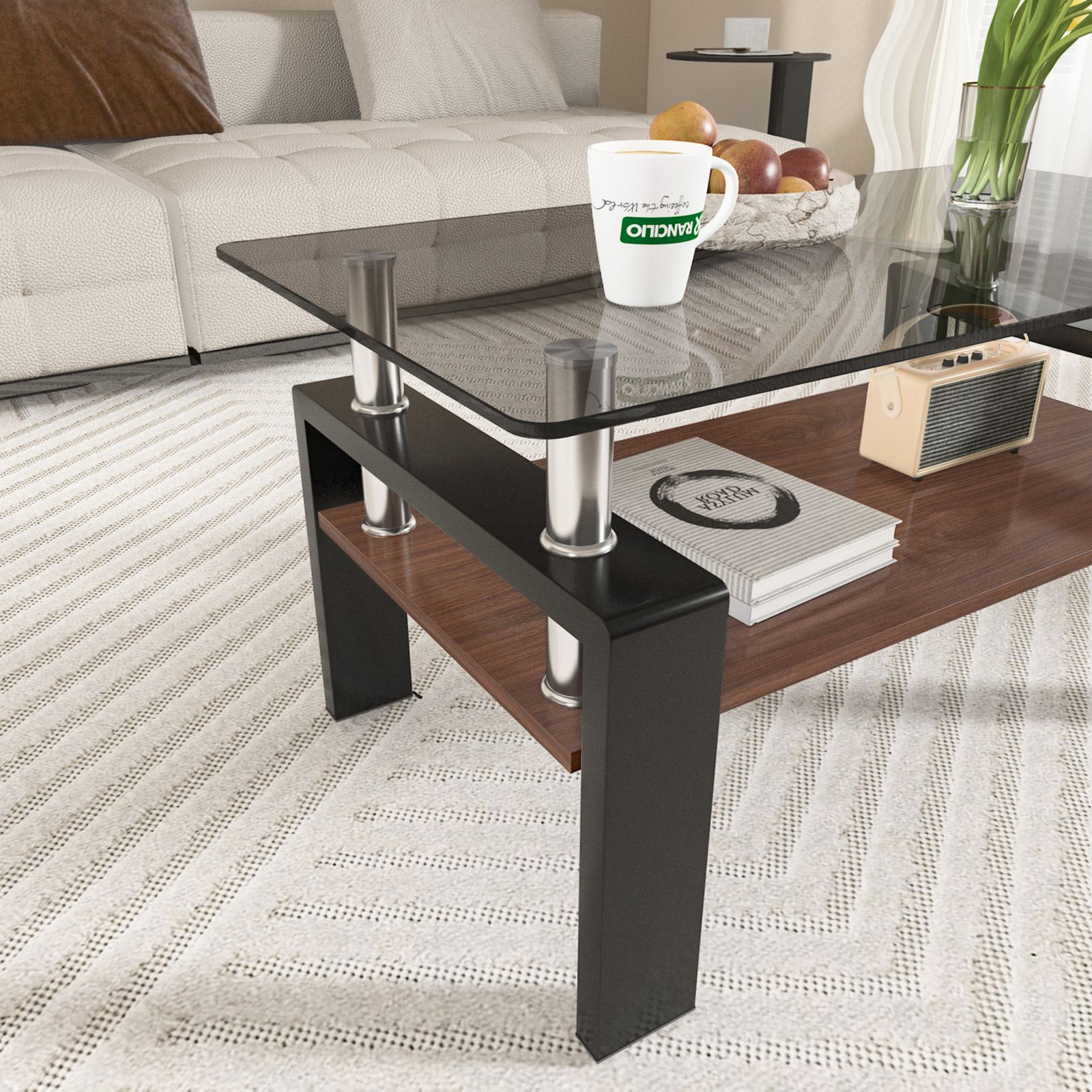 モダン長方形コーヒーテーブル 強化ガラス天板+MDF収納棚 リビング用