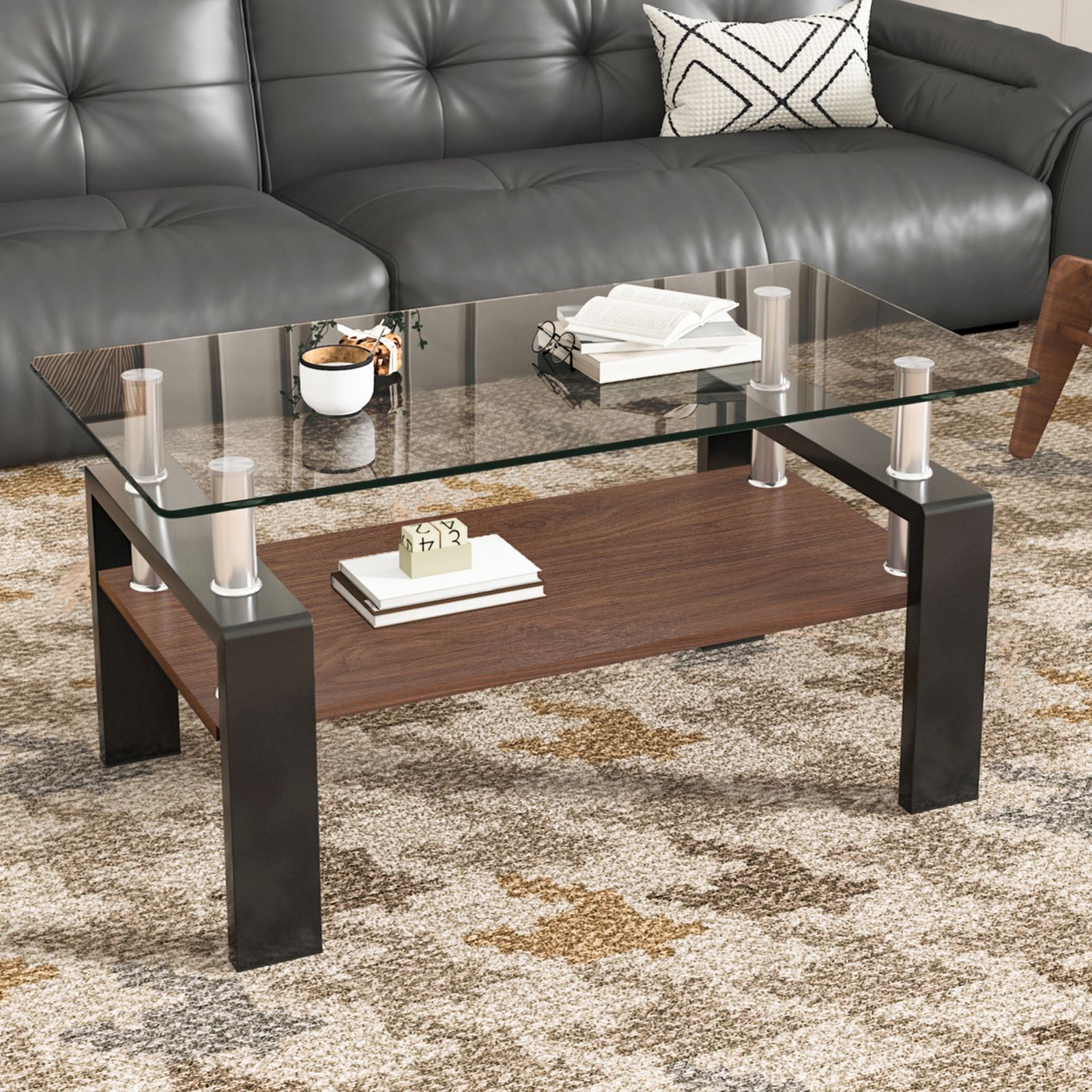 モダン長方形コーヒーテーブル 強化ガラス天板+MDF収納棚 リビング用