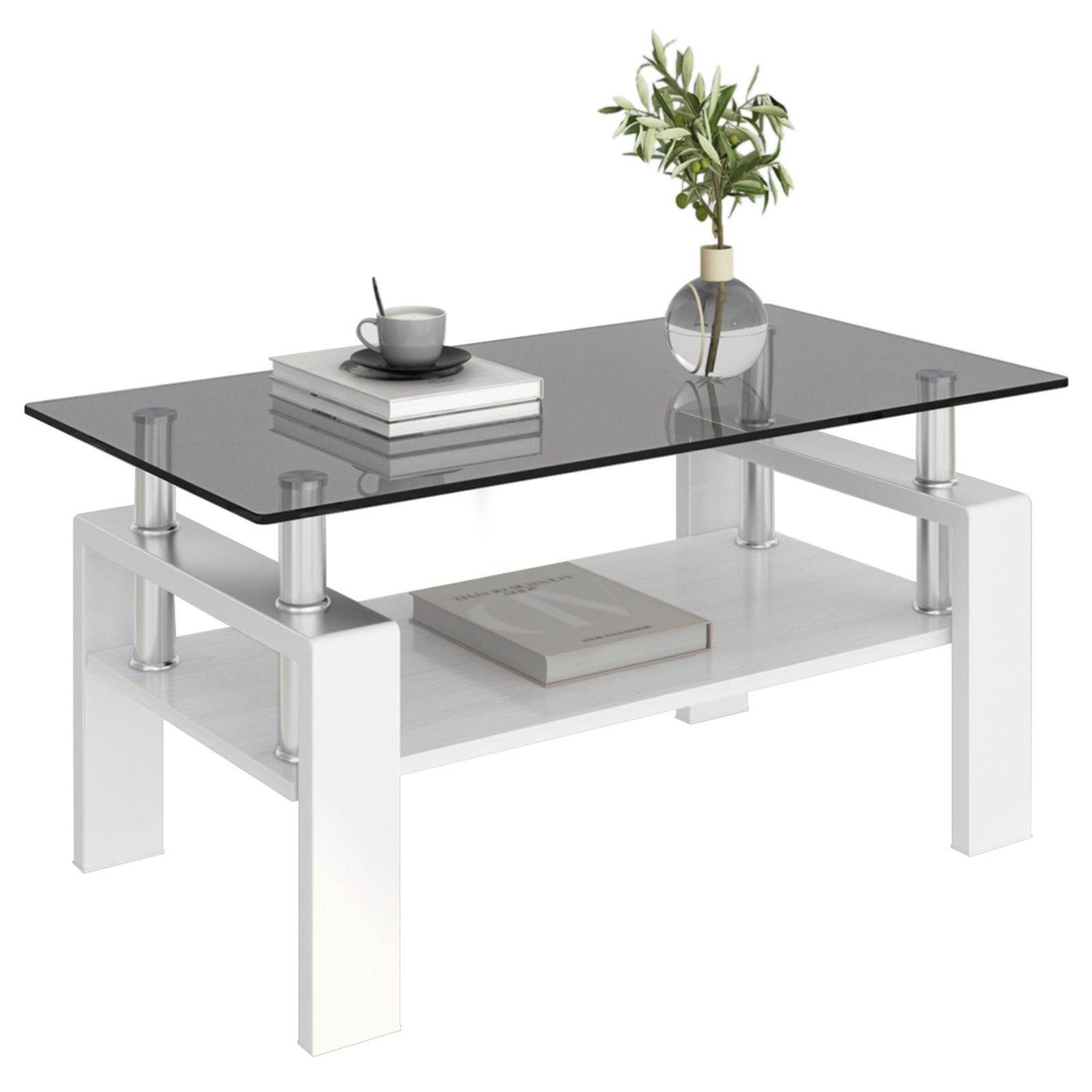 モダン長方形コーヒーテーブル 強化ガラス天板+MDF収納棚 リビング用