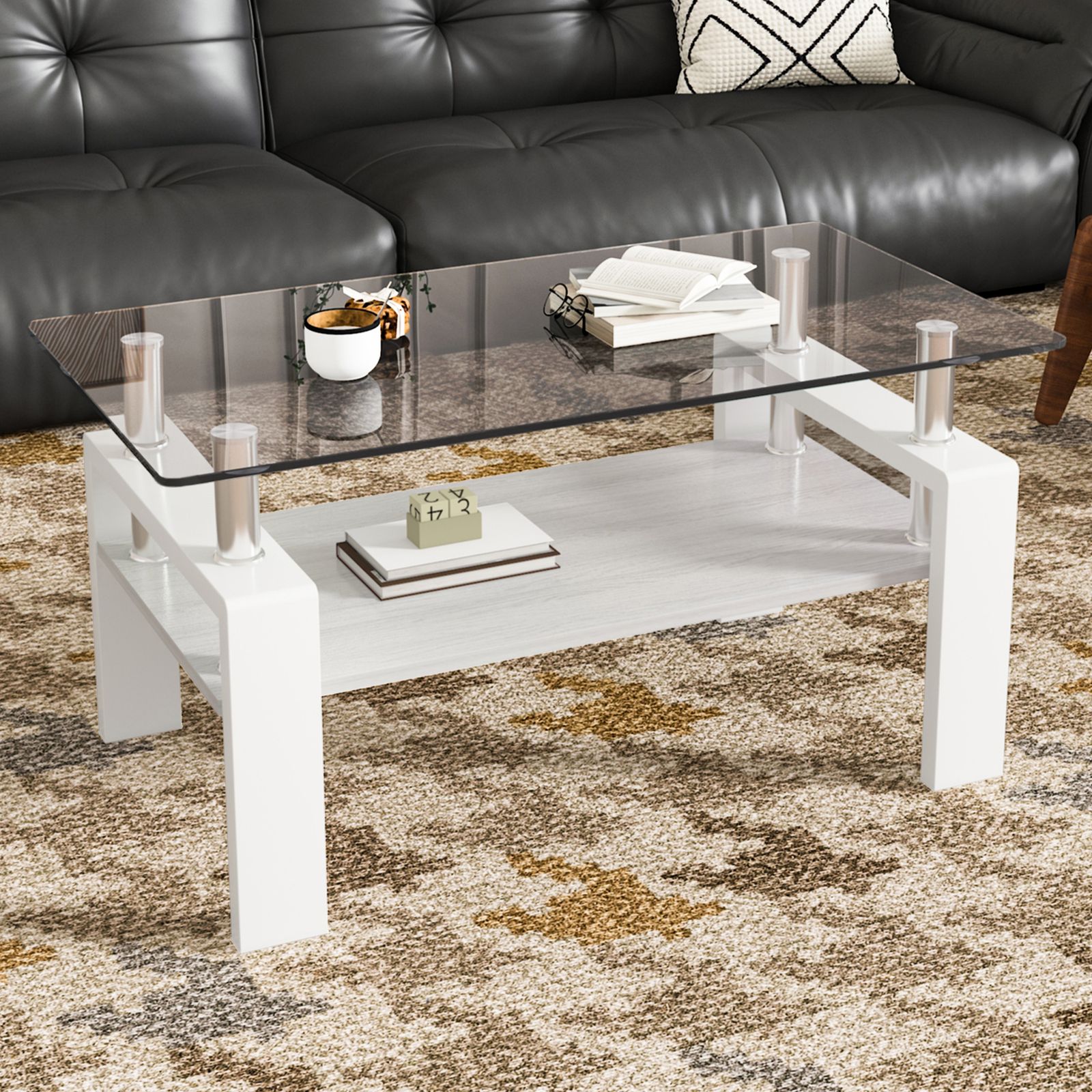 モダン長方形コーヒーテーブル 強化ガラス天板+MDF収納棚 リビング用