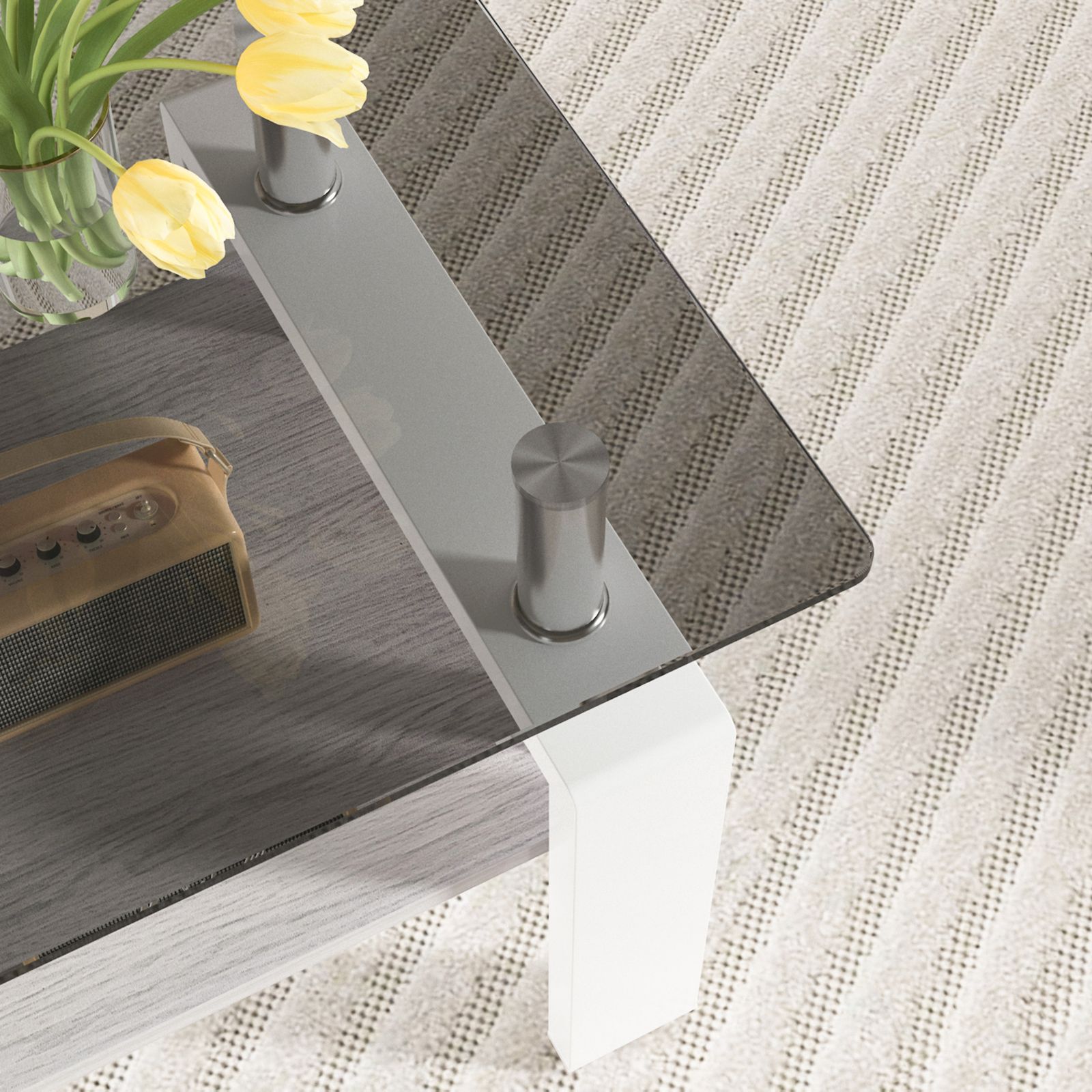 モダン長方形コーヒーテーブル 強化ガラス天板+MDF収納棚 リビング用