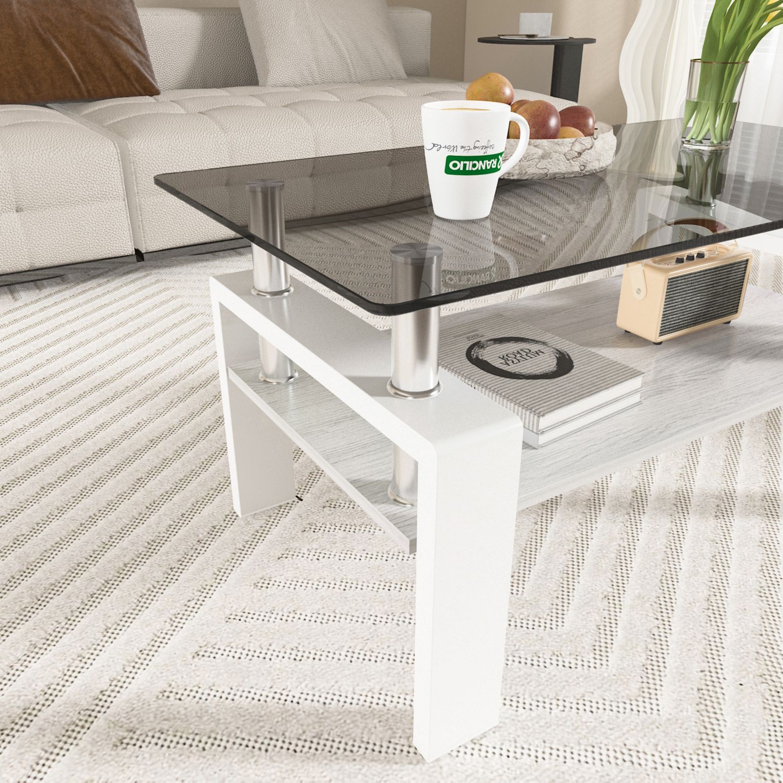 モダン長方形コーヒーテーブル 強化ガラス天板+MDF収納棚 リビング用