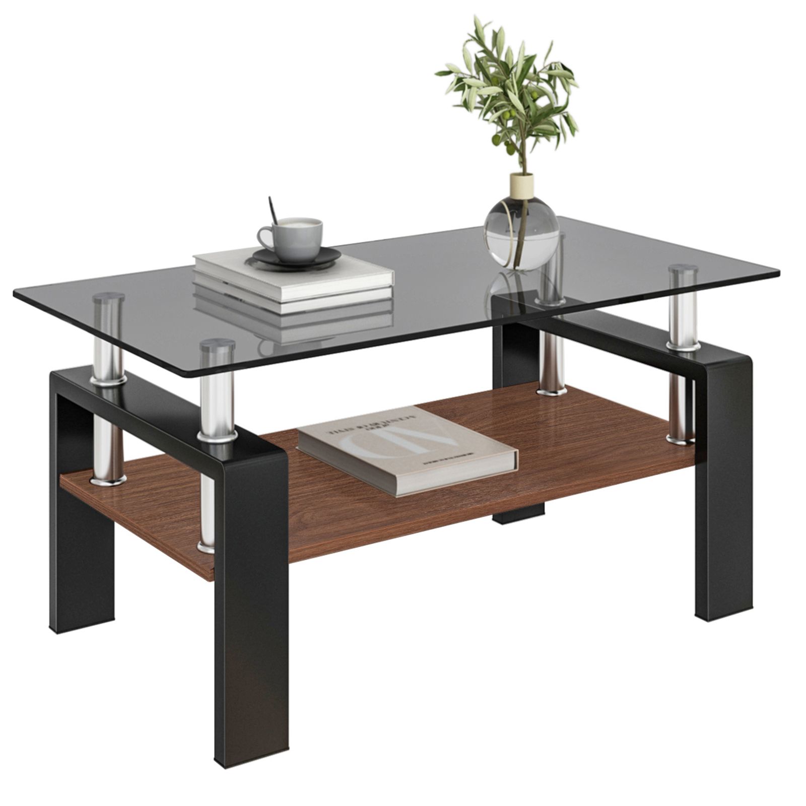 モダン長方形コーヒーテーブル 強化ガラス天板+MDF収納棚 リビング用