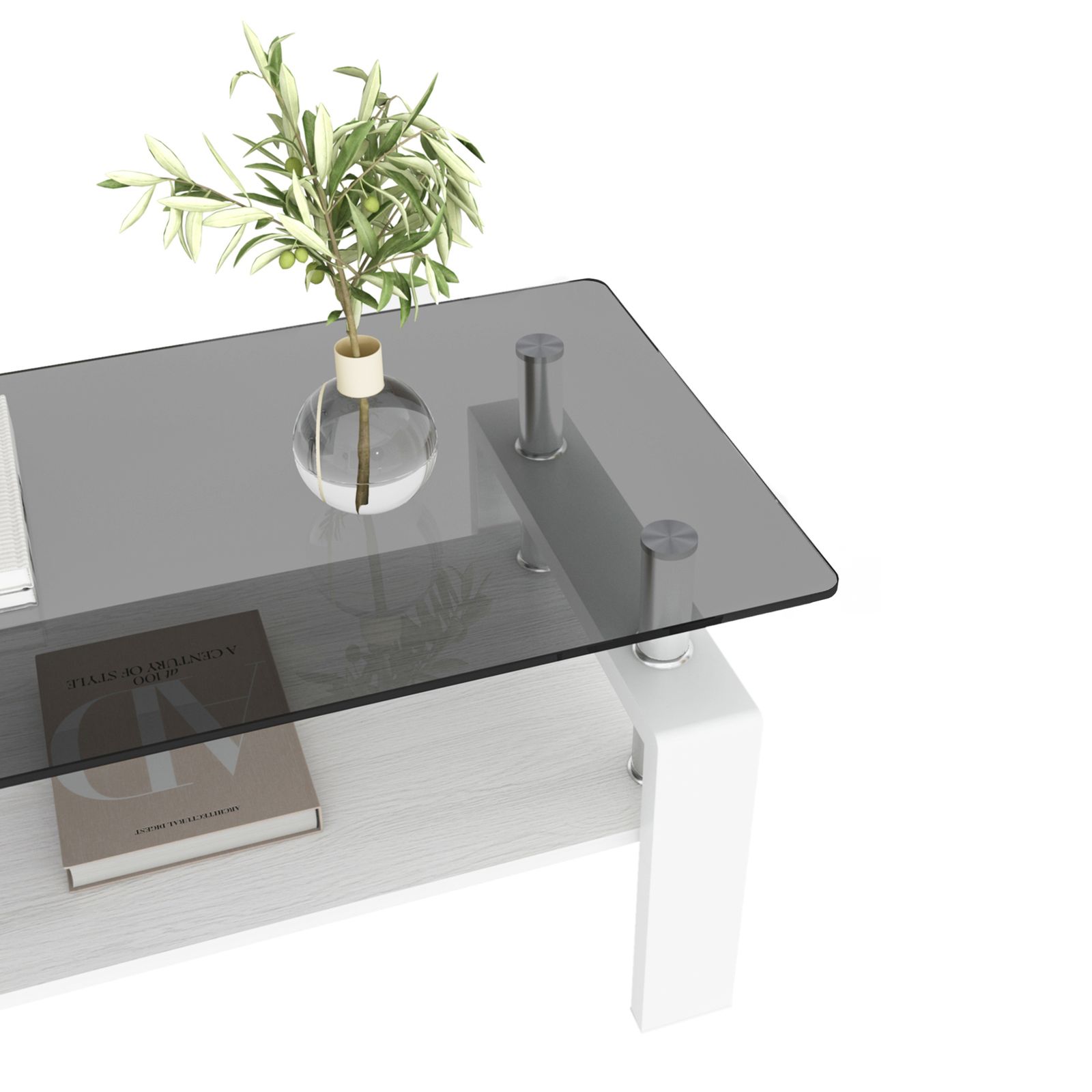 モダン長方形コーヒーテーブル 強化ガラス天板+MDF収納棚 リビング用