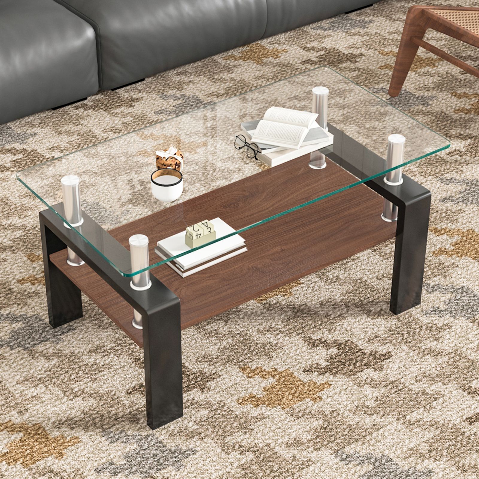 モダン長方形コーヒーテーブル 強化ガラス天板+MDF収納棚 リビング用