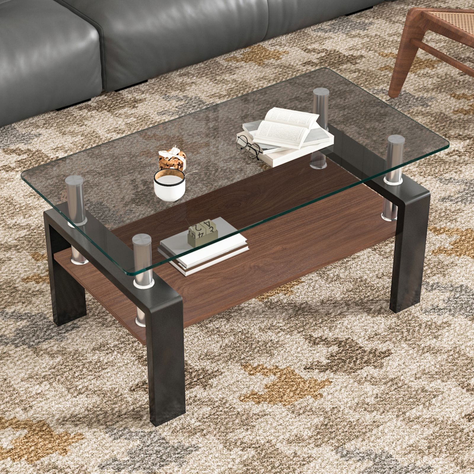 モダン長方形コーヒーテーブル 強化ガラス天板+MDF収納棚 リビング用