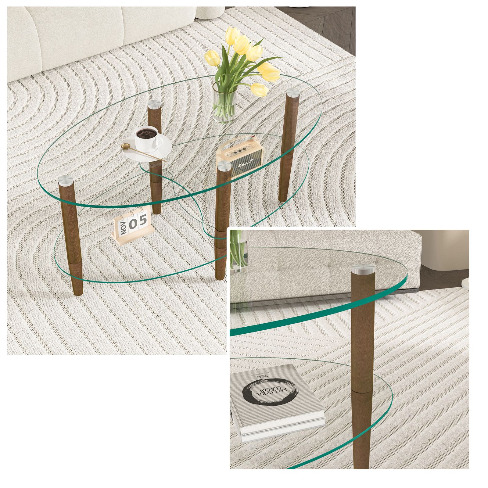 数量限定セール」 楕円形ガラスコーヒーテーブル 透明3段ガラス天板