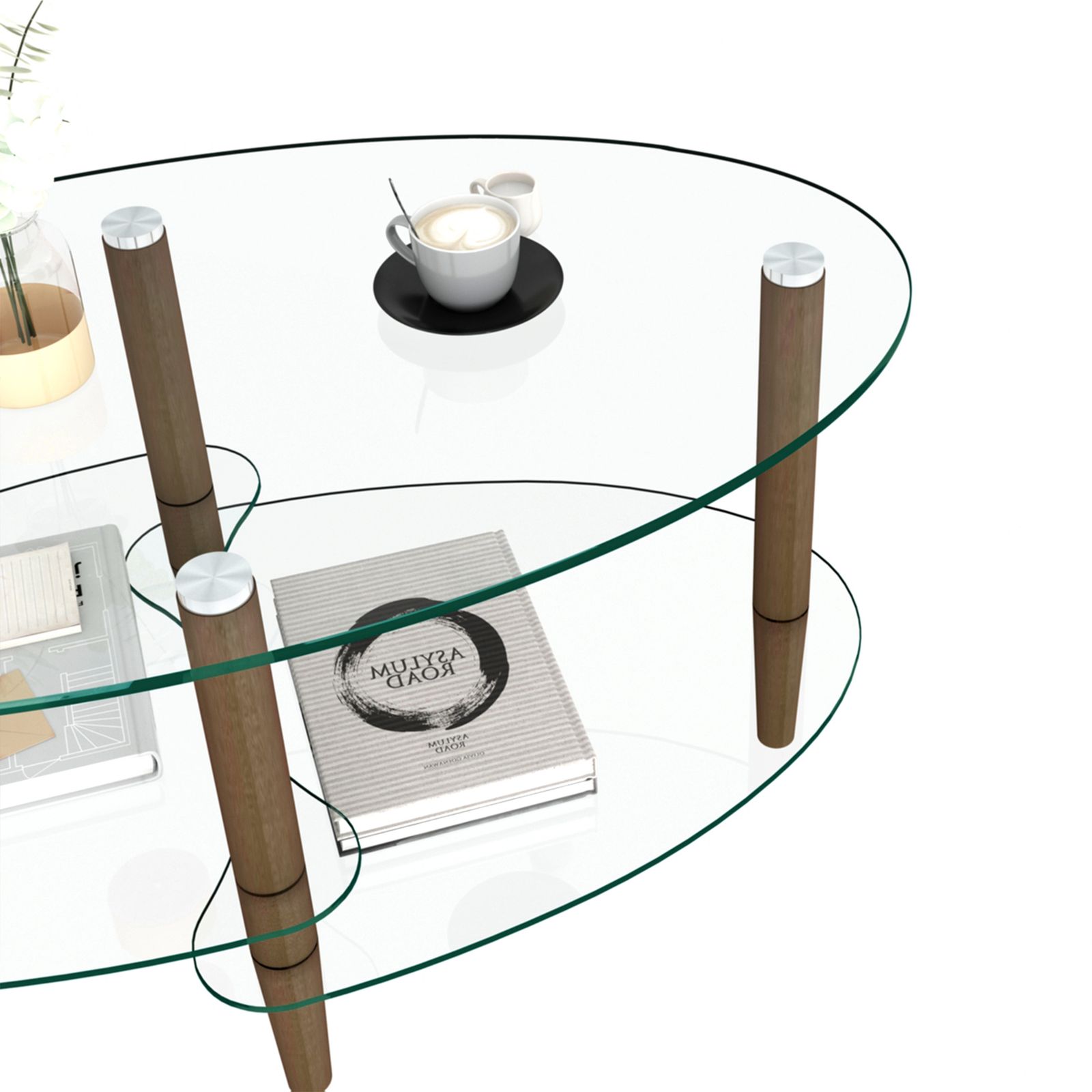 数量限定セール」 楕円形ガラスコーヒーテーブル 透明3段ガラス天板