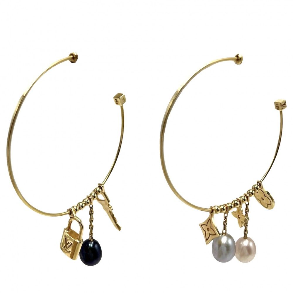 ルイヴィトン ピアス レディース モノグラム クレオール フープピアス パドロック キー 750 18金 LOUIS VUITTON K 18ゴールド パール Q 96025 ゴールド ブルー 青 約19.8 g 品