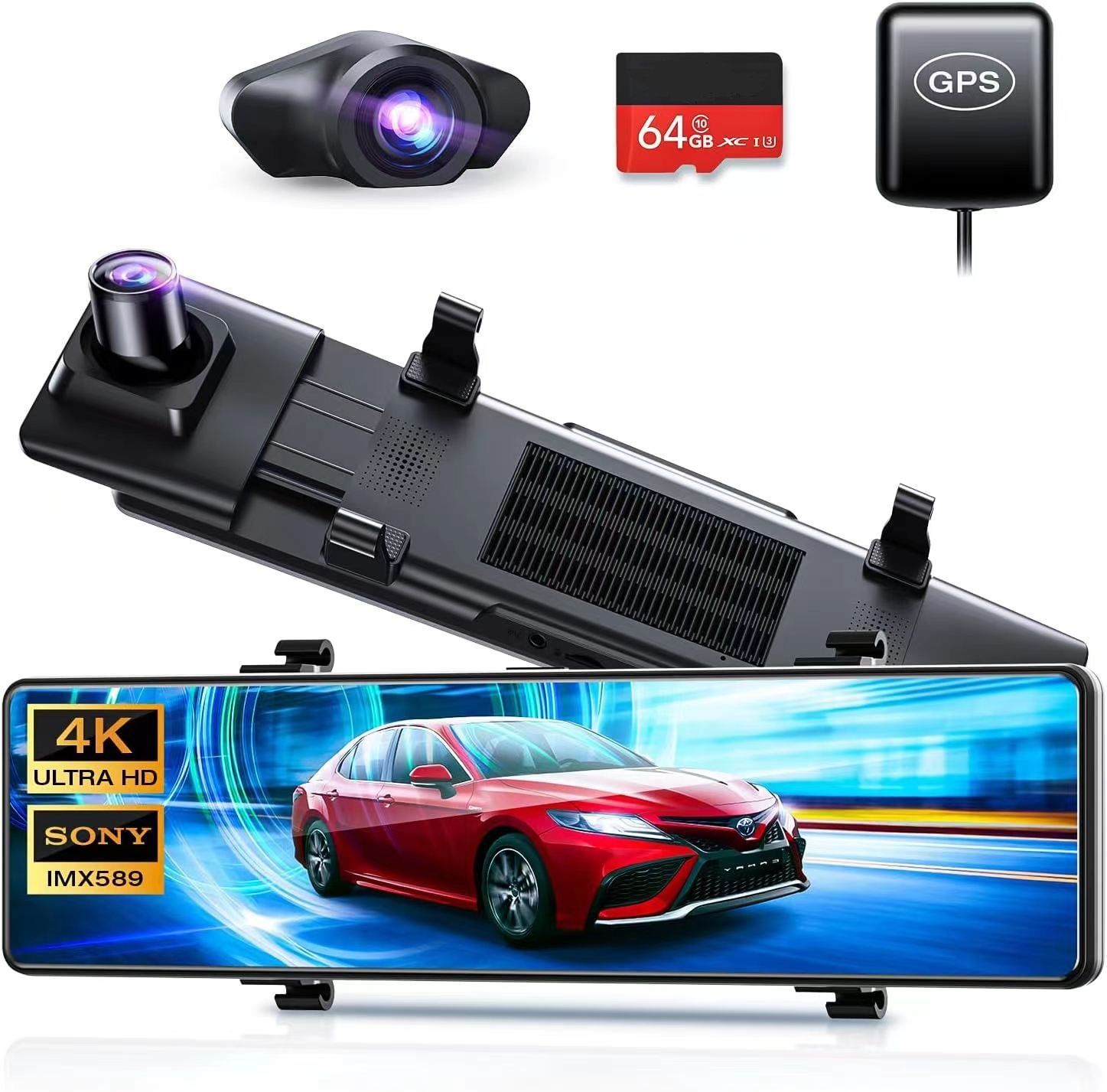 ドライブレコーダー 4 Kミラー型 12インチIPS大画面 64 GB SDカード 前後カメラ GPS搭載 IMX 589センサー 170度広角タッチパネル HDR WDR IP 67