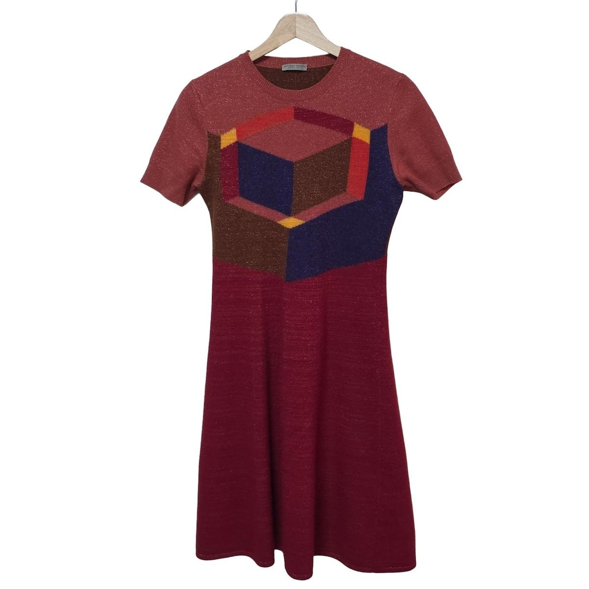 ボッテガヴェネタ ワンピース サイズ40 M レディース レッド オレンジ マルチ クルーネック 半袖 ロング ニット ラメ