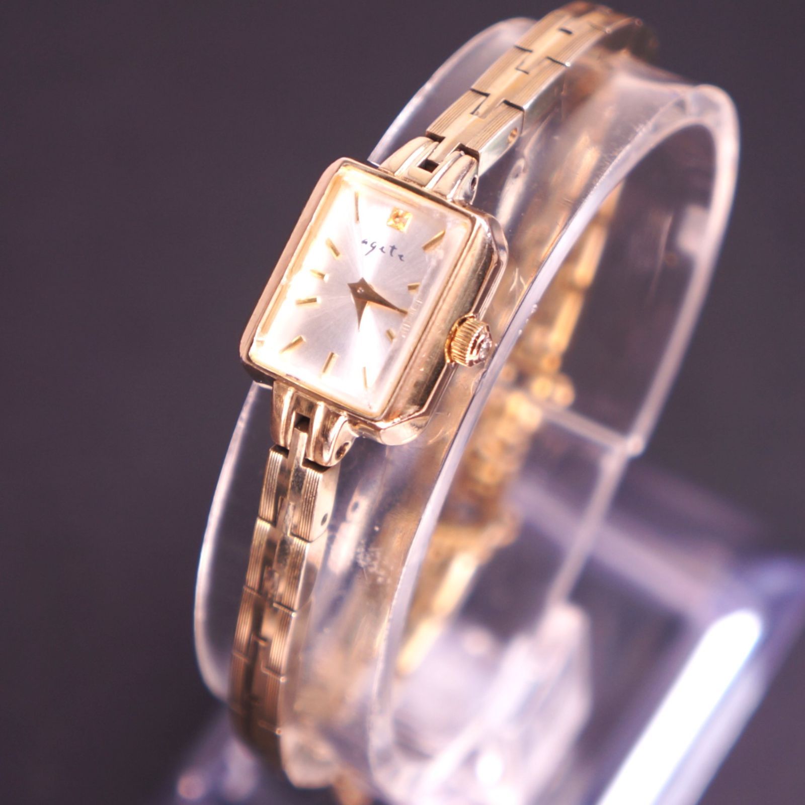 稼働品】agete イエローゴールド 2Pダイヤ 18KGP silver刻印有 電池