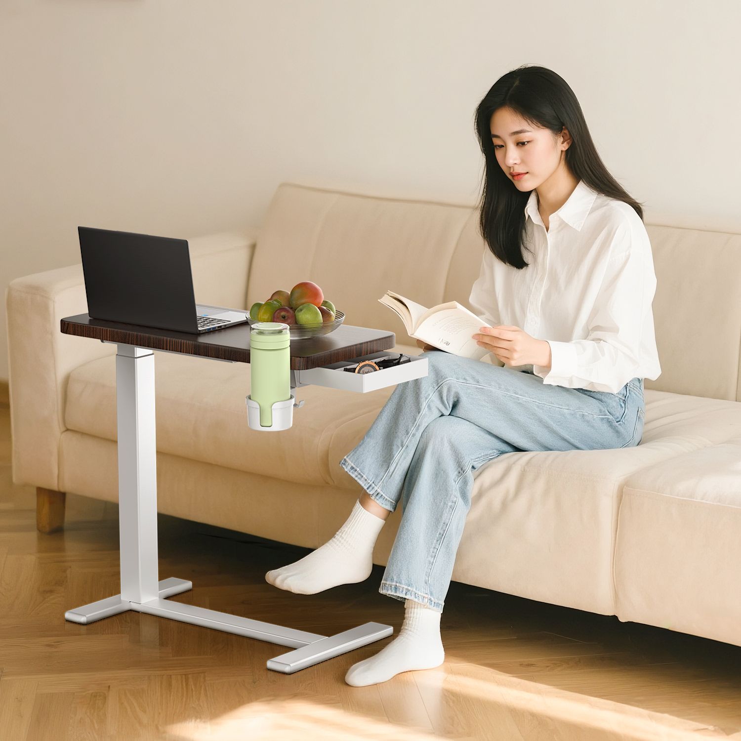 迅速発送！昇降式サイドテーブル PCテーブル 引き出し付き カップ