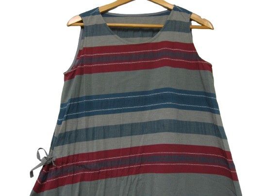 センソユニコ io comme イオコムイオ ノースリーブ ワンピース アシンメトリー 和柄ボーダー カーキ色 あずき色 Mサイズ38 管理番号 251130 503 K 990