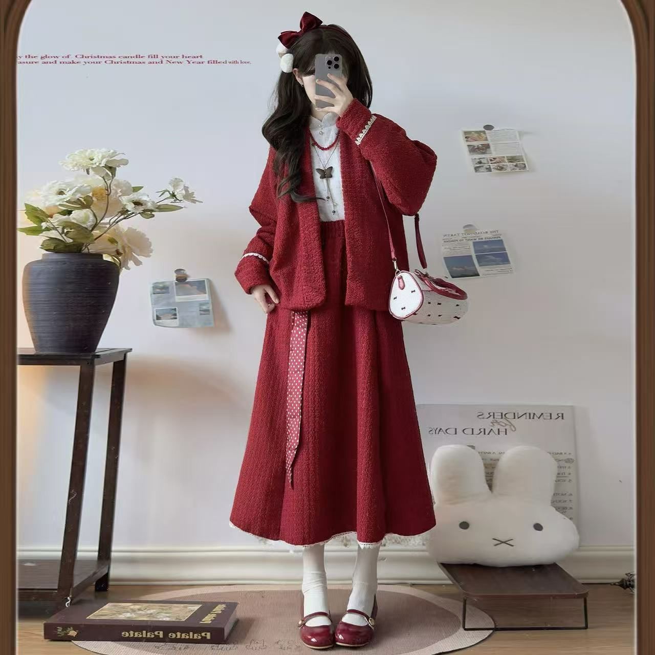 ファッション 裏起毛 秋冬用コート 新年向け レディーストップス スカート付き 加厚 3 点セット