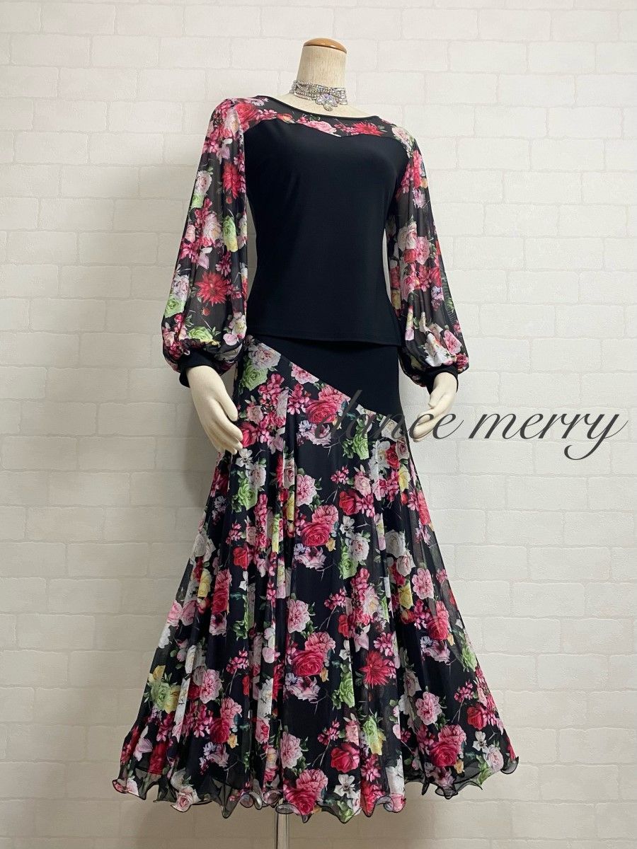 MERRY 社交ダンス 長袖 バルーン袖 ツーピース セットアップ 黒 ピンク 黄色 パーティ 6510