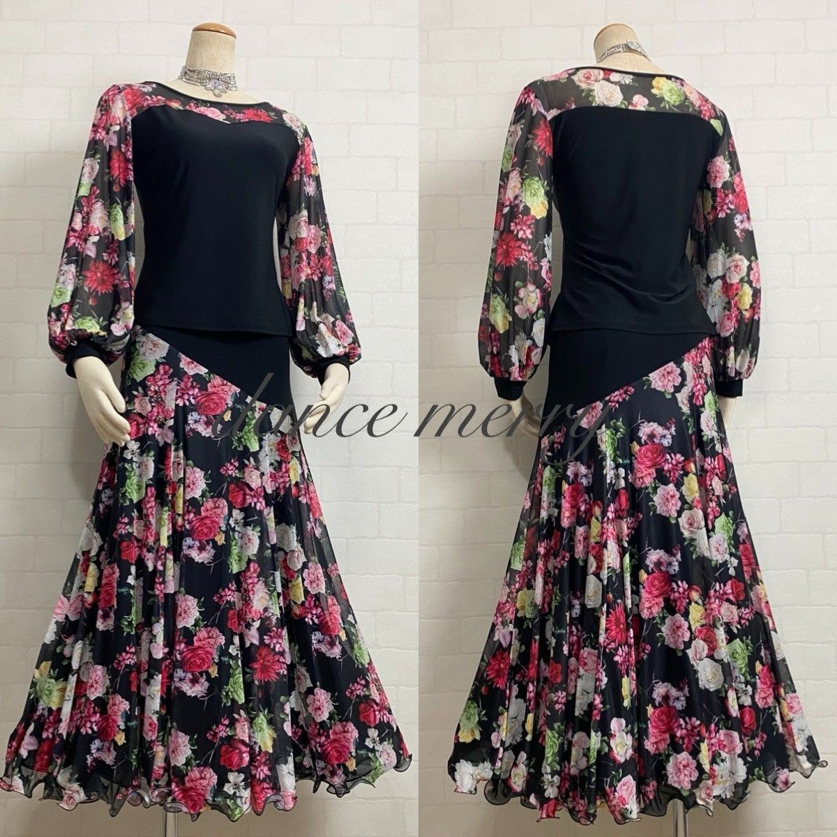 MERRY 社交ダンス 長袖 バルーン袖 ツーピース セットアップ 黒 ピンク 黄色 パーティ 6510