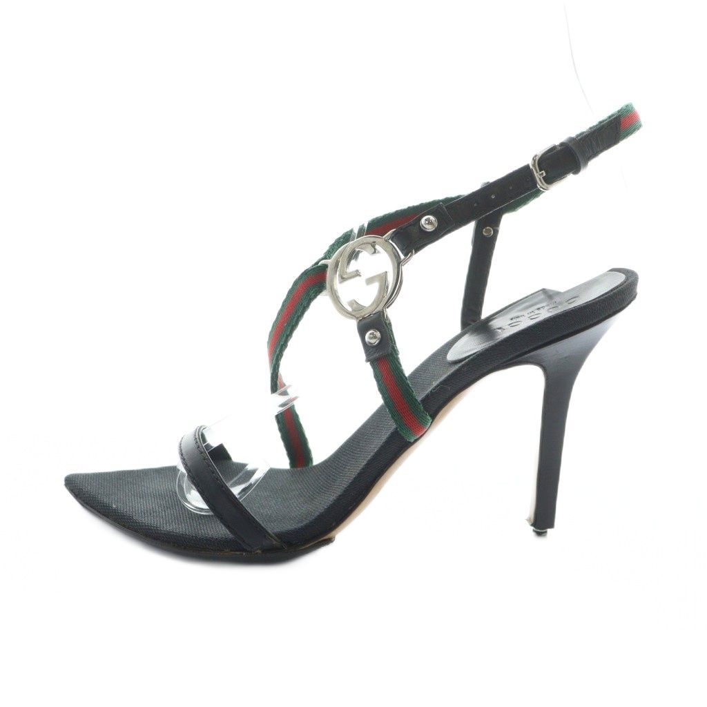 グッチ GUCCI サンダル ポインテッドトゥ ハイヒール ストラップ インターロッキングG ウェブ 34 21 cm 黒 ブラック GY 17 MQ OH