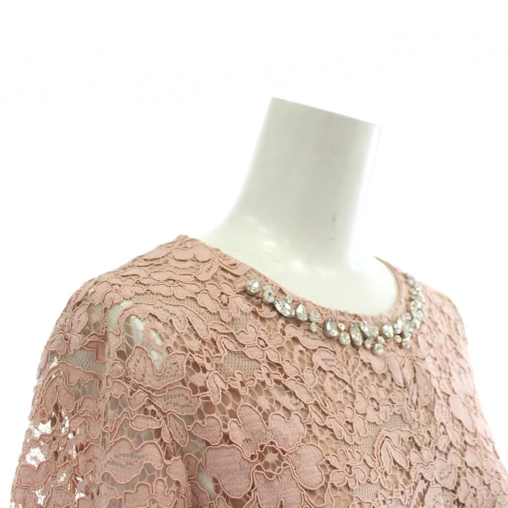 【中古】未使用品 BLUGIRL ワンピース 長袖 ひざ丈 クルーネック 総レース 花柄 ラインストーン 38 M ピンク ブルーガール BLUGIRL ワンピース 長袖 ひざ丈 クルーネック 総レース