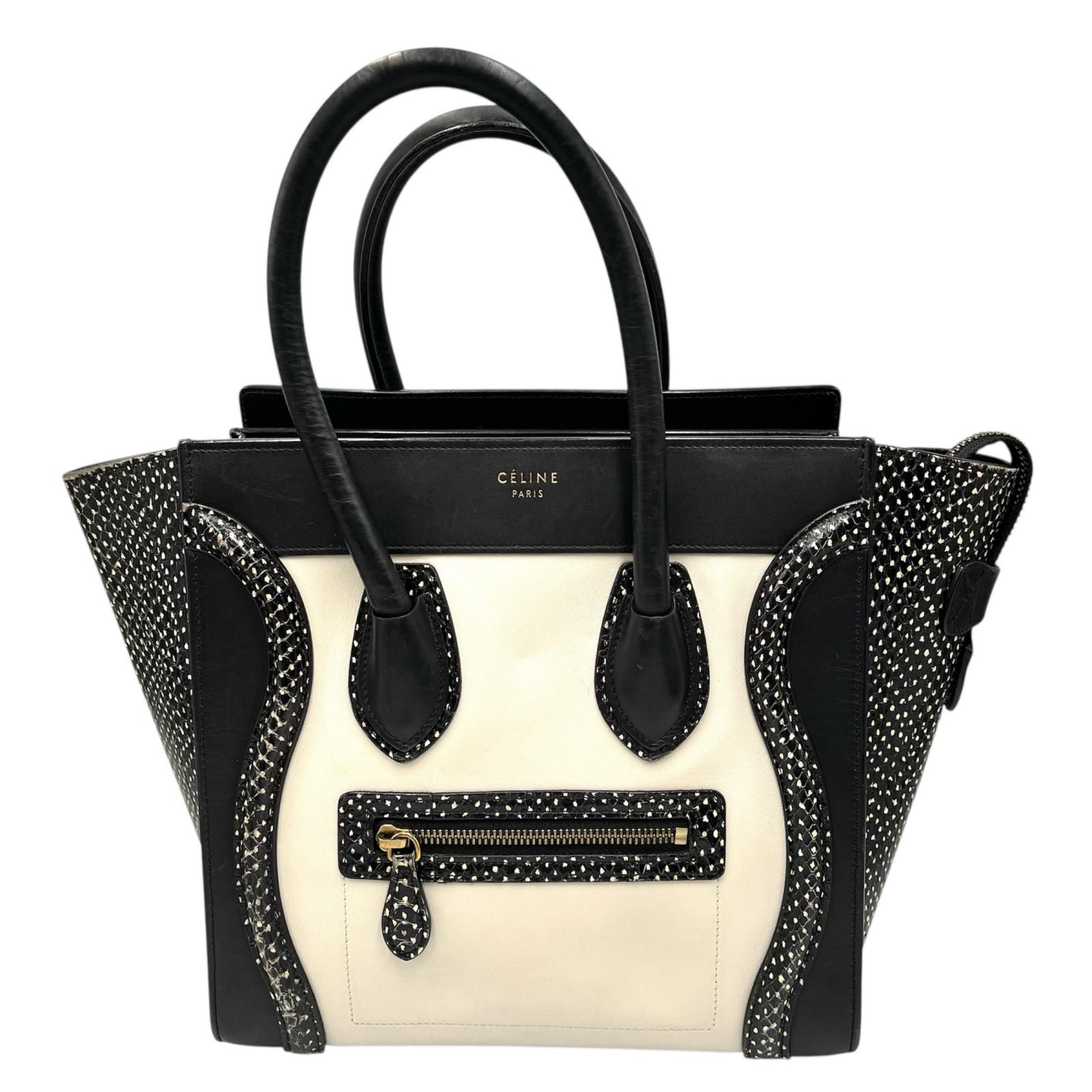 セリーヌ CELINE ハンドバッグ ラゲージ マイクロ パイソン レザー ブラック×ホワイト レディース