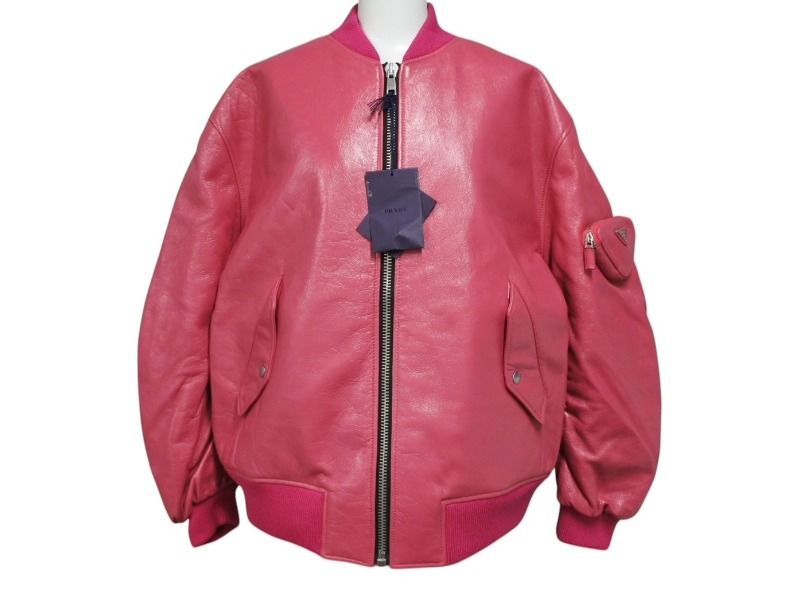新品未使用 PRADA プラダ 21AW Oversized Nappa Leather Bomber Jacket ボンバージャケット 58A079 サイズ38 ピンク 中古 4b008986