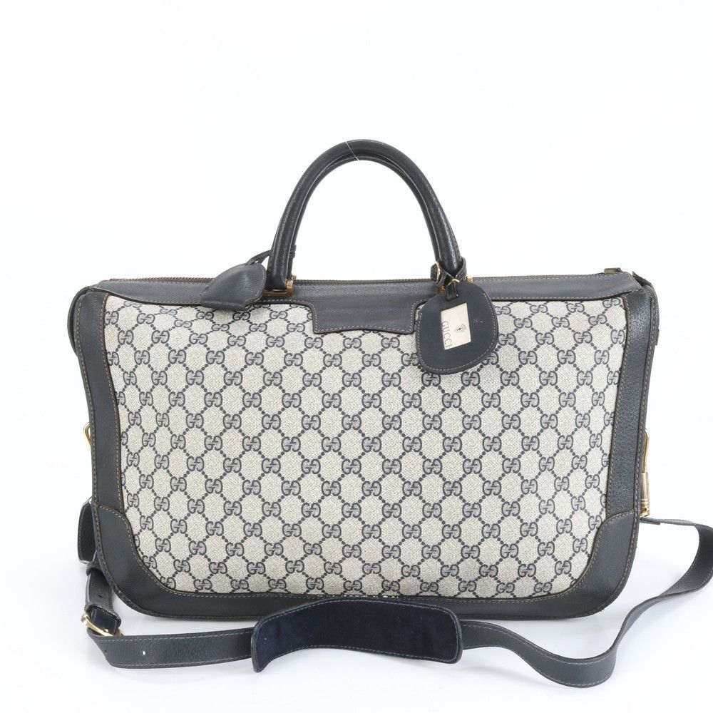 ヴィンテージ グッチ GGスプリーム レザー 2 WAY ボストン バッグ 斜め掛け 出張 旅行 ショルダー ネイビー メンズ CEM DC 6-1