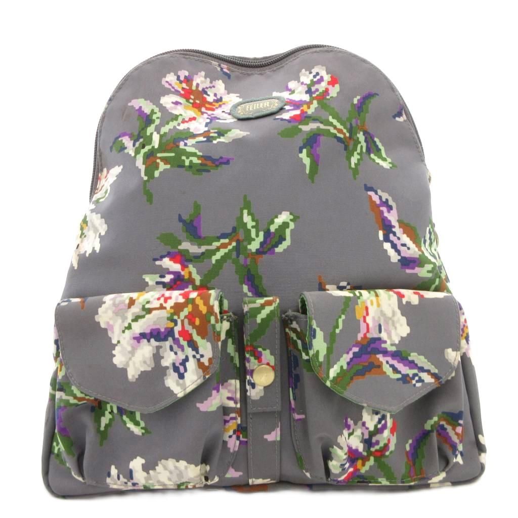 【美品】FEILER リュック 花柄 カバン バッグ フェイラー FEILER リュックサック デイパック ナイロン 花柄 グレー