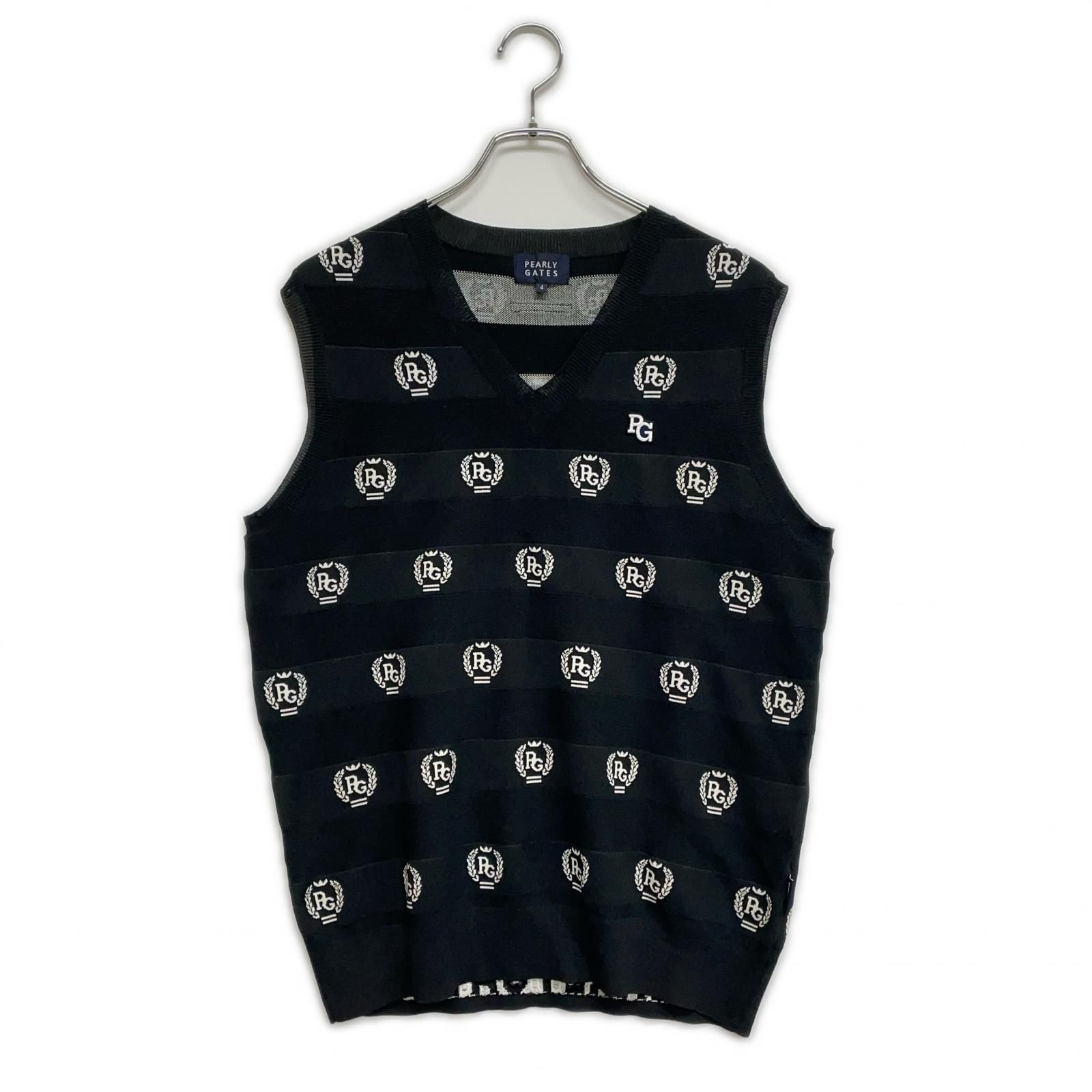 メンズ パーリーゲイツ PEARLY GATES ベスト 4 M 黒 ブラック Vネック 薄手 ニット ボーダー 総柄