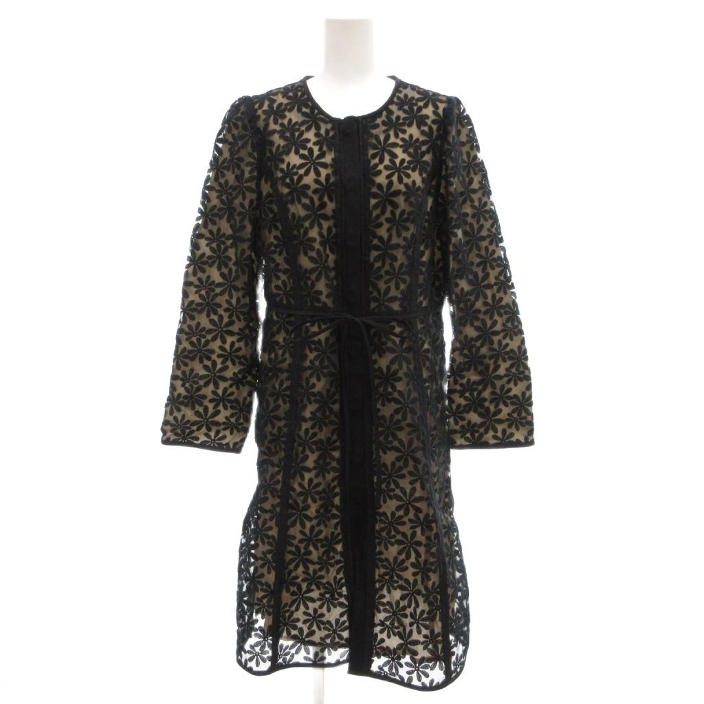 エムズグレイシー M S GRACY ボタンワンピース 薄手 シアー オーガンジー 花柄 リボンベルト ミモレ ロング 40 黒 ブラック ベージュ JS GY 01