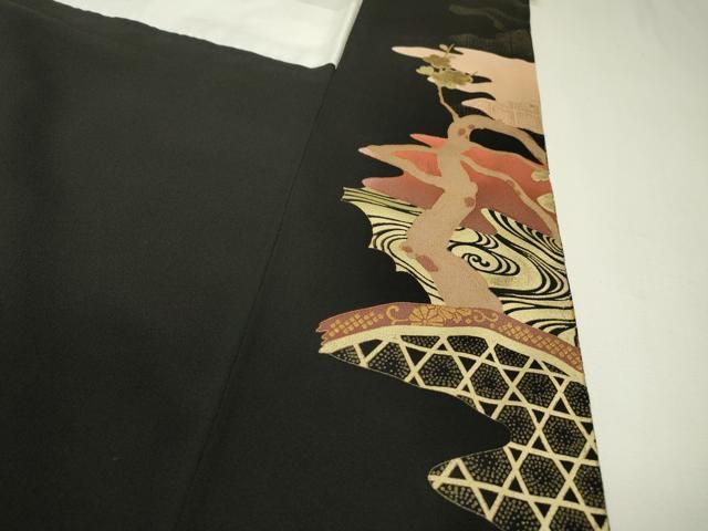 平和屋着物□豪華黒留袖 作家物 刺繍 飛鶴扇面山車花文 暈し染め 金彩