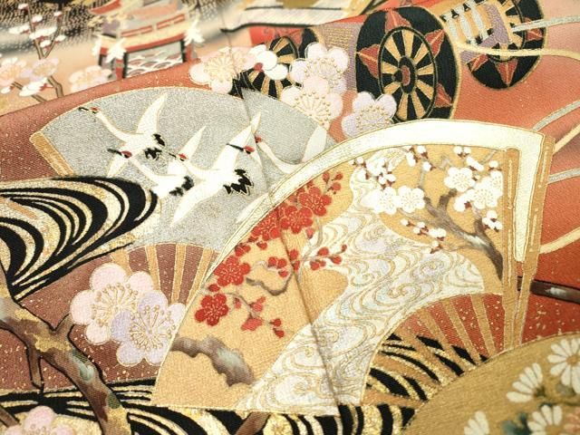 平和屋着物□豪華黒留袖 作家物 刺繍 飛鶴扇面山車花文 暈し染め 金彩